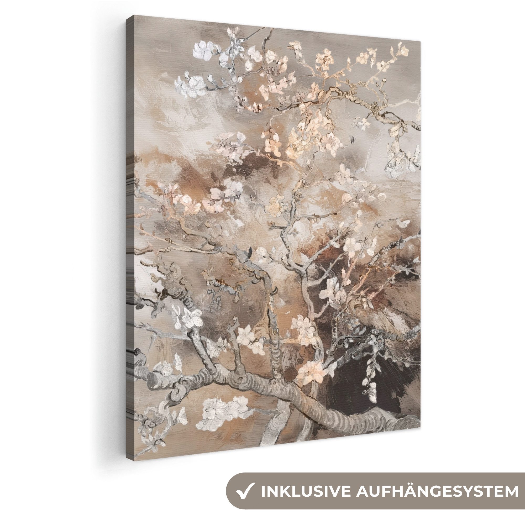 OneMillionCanvasses® Leinwandbild Mandelblüte - Kunst - Van Gogh - Beige - Abstrakt, Fotodruck (1 St), Leinwand Bilder für Wohnzimmer Schlafzimmer 60x80 cm