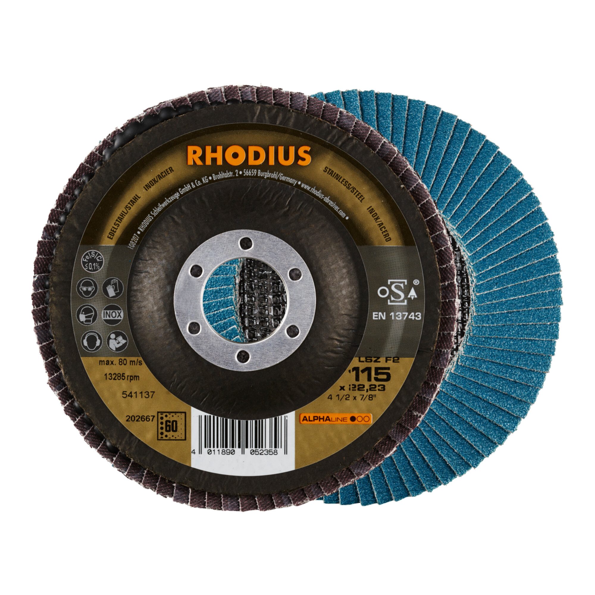 Rhodius Schleifscheibe RHODIUS ALPHAline LSZ F2 Fächerschleifscheibe 115 x 22,23 mm K60 10 St