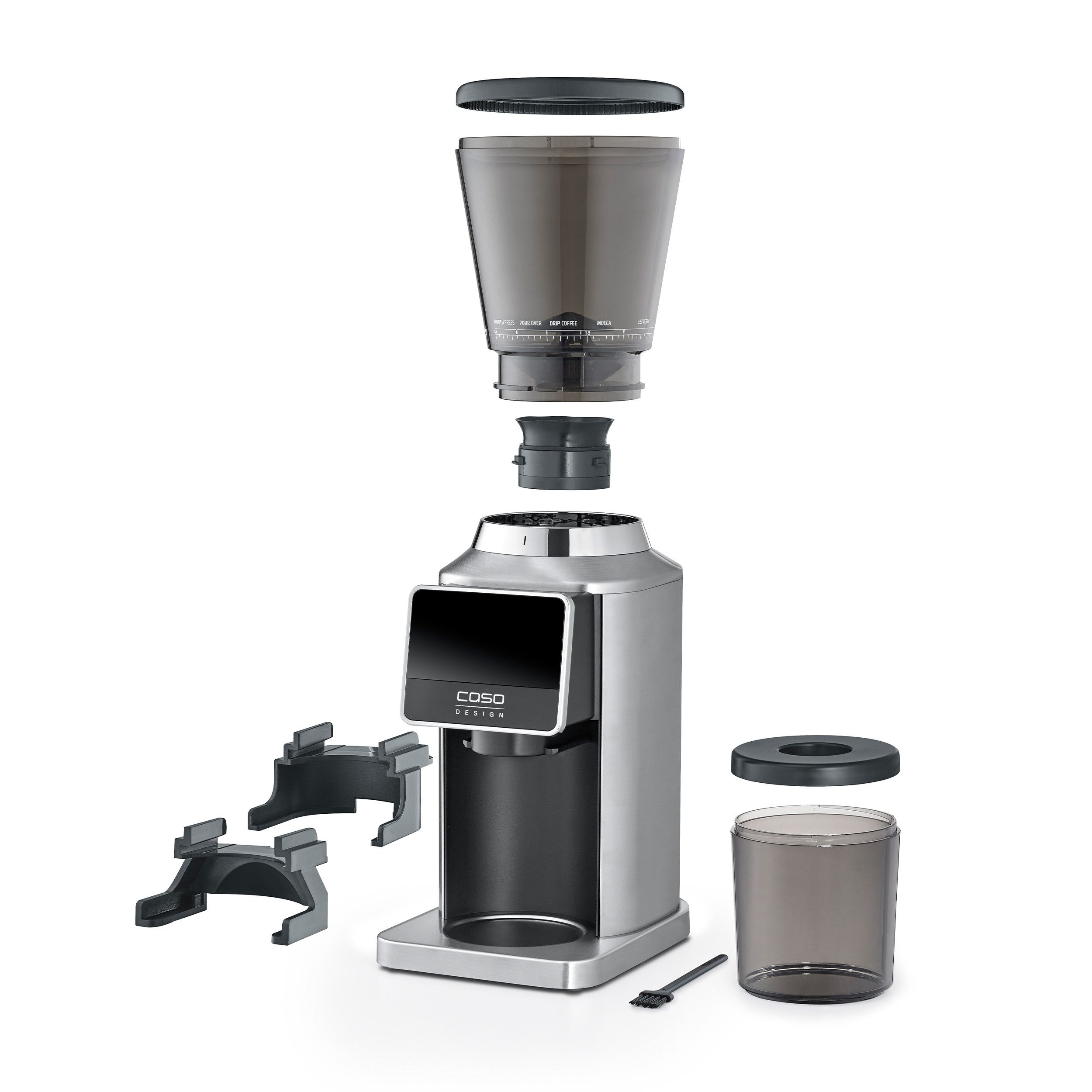 Caso Kaffeemühle BaristaChef Inox Pro, 180 W, Kegelmahlwerk, 320 g Bohnenbehälter, Zero Retention Technologie, Edelstahl-Kegelmahlwerk, 34 Mahlgradstufen silberfarben