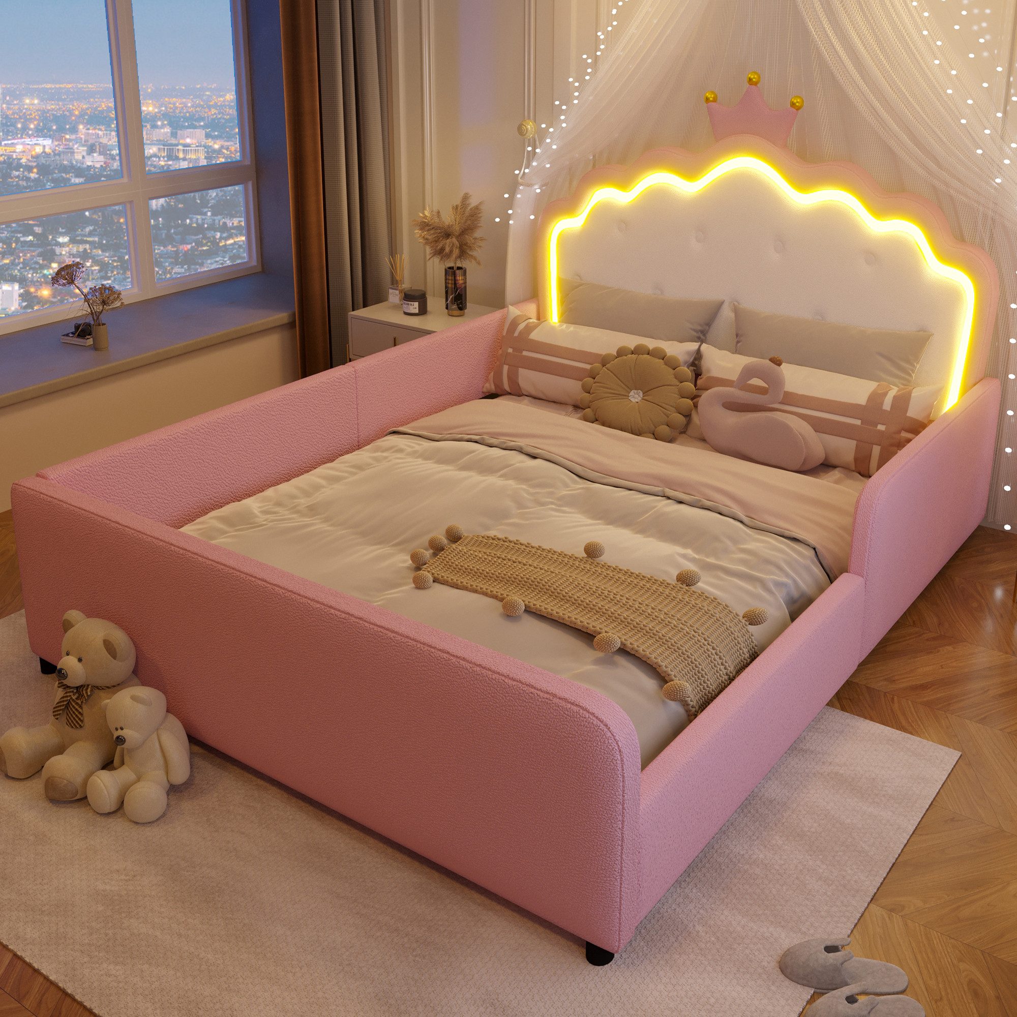 Flieks Polsterbett Prinzessinnenbett in Kronenform, Kinderbett 140x190cm mit LED-Lichtleiste und Sicherheitsgitter