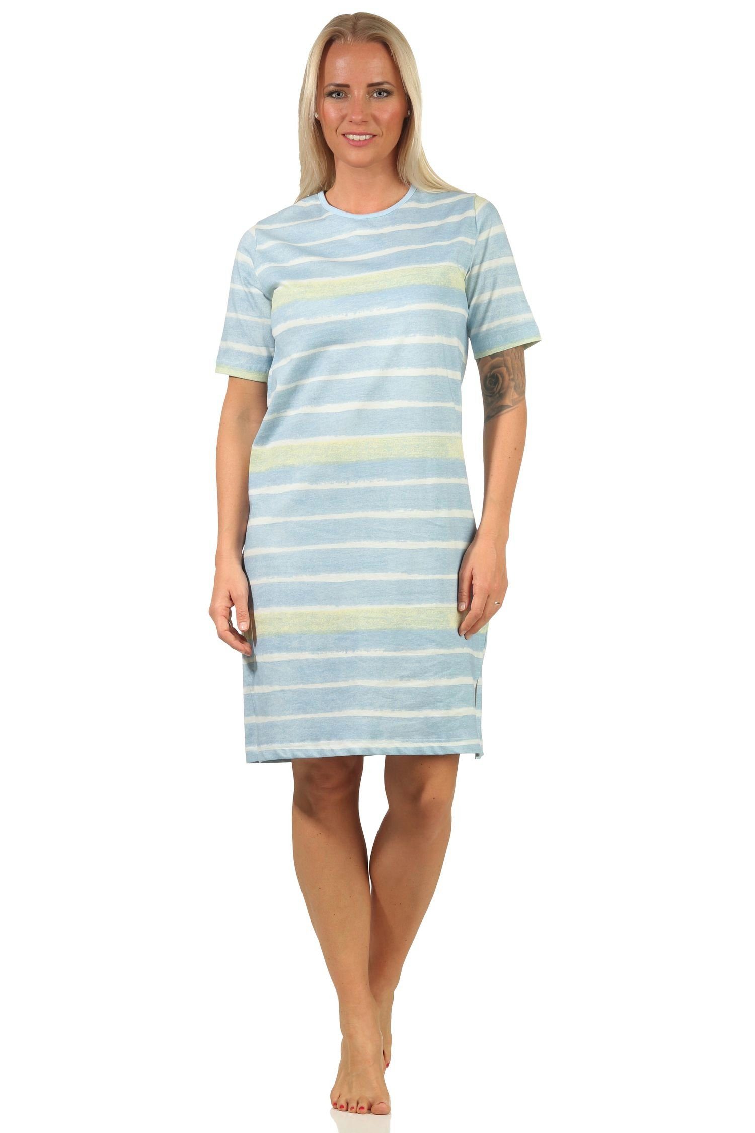 Normann Nachthemd Damen kurzarm Nachthemd im farbenfrohen Streifen Look – 112 464 hellblau