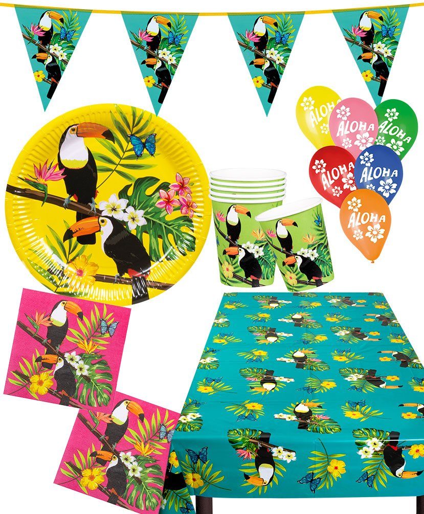 Karneval-Klamotten Einweggeschirr-Set Party Set Hawaii Tukan 25 Tlg Wimplekette Ballons, Partygeschirr Pappteller Pappbecher Servietten | Einweggeschirr-Sets