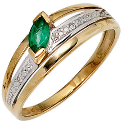 Schmuck Krone Diamantring Ring Damenring mit Smaragd grün & 2 Diamanten Brillanten 0.01Ct 585 Gelbgold, Gold 585
