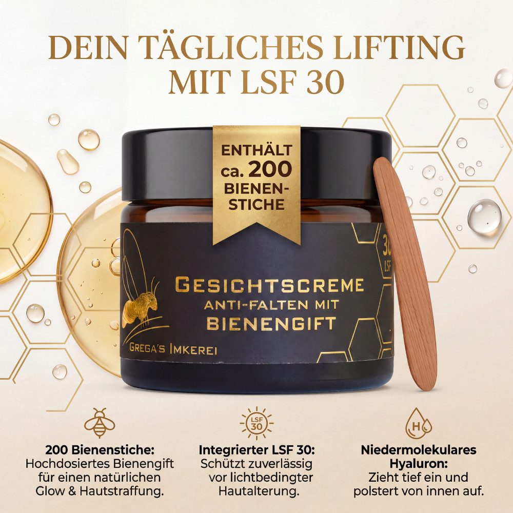 Grega´s Imkerei Anti-Aging-Creme Bienengift Manuka Hyaluron Creme 50 ml im Derma Test „Sehr gut“ Hochdosiert (entspricht ca. 200 Bienenstichen), 1-tlg., 50 ml Glastiegel inkl. Massivholz Cremspatel