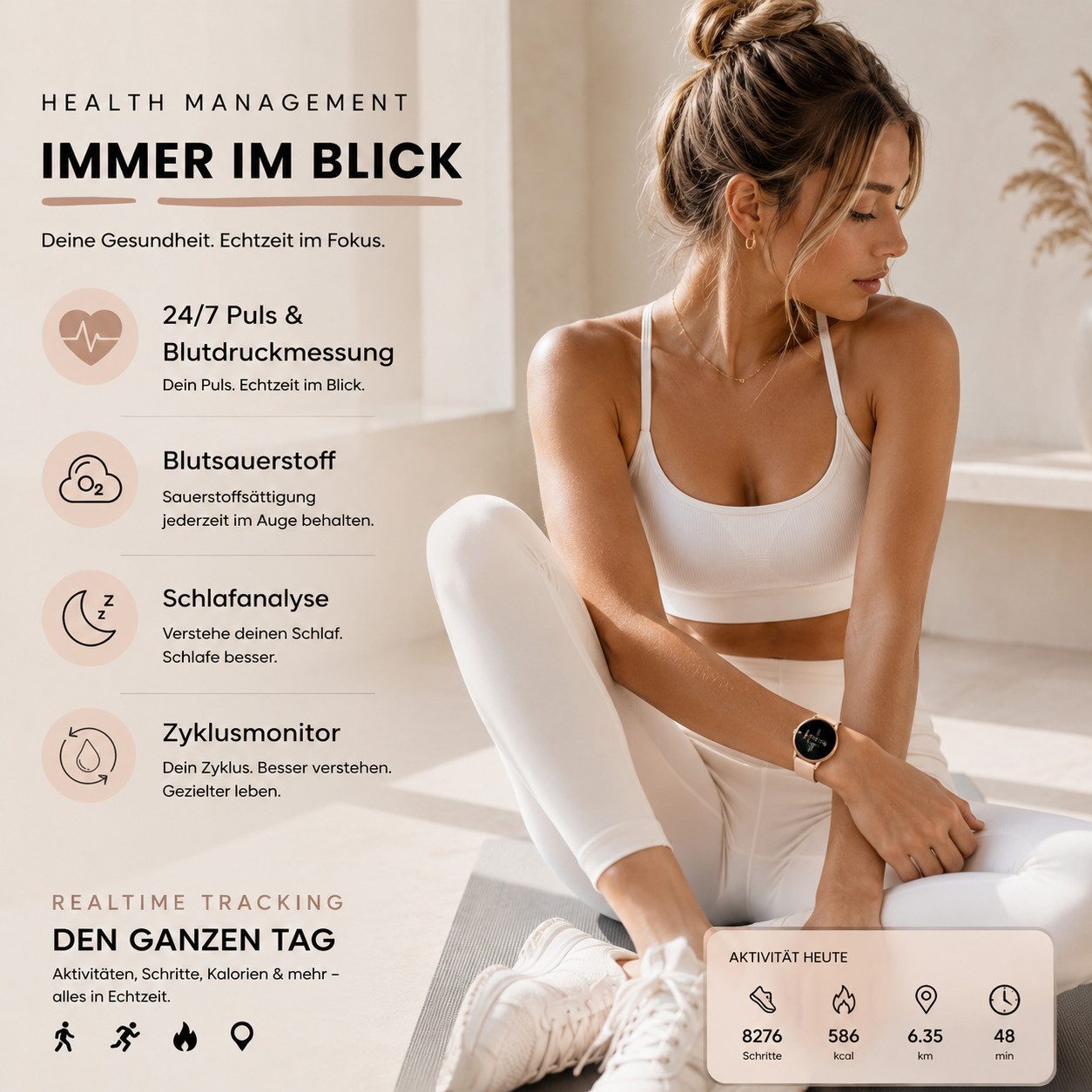 XCOAST SIONA 2 Damen Smartwatch (4,2 cm/1,3 Zoll, iOS Android) ROSE GOLD, Damen Fitness Tracker, neueste Generation, Blutsauerstoffmesser, Wasserdicht, flach, Puls, Blutdruck, brillante Farben, AMOLED