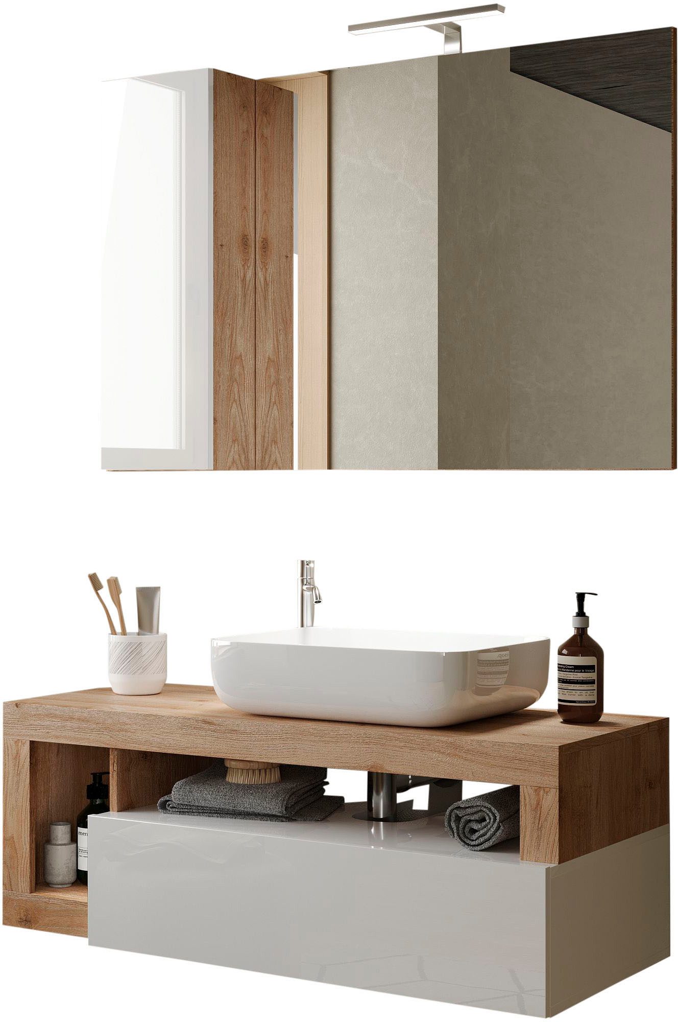 welltime Badmöbel-Set Hamburg, Badezimmerset 2tlg. Breite 110 cm, Badmöbel, Waschtisch inkl., (Spar-Set, 2-St), Waschbecken, Spiegelschrank mit LED Aufbauleuchte, Soft-Close-Funktion