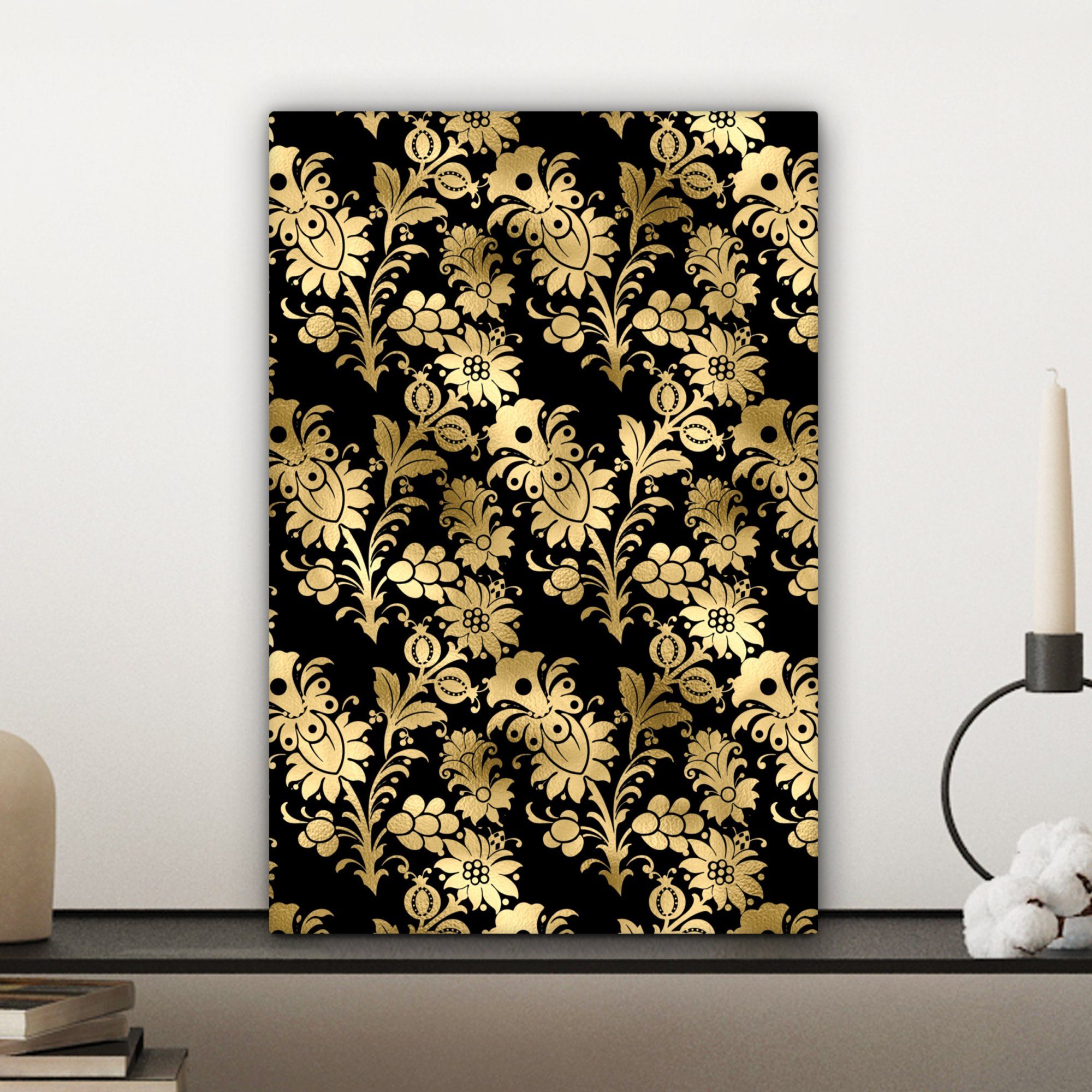 OneMillionCanvasses® Leinwandbild cm Muster - Gemälde, 20x30 Gold, Zackenaufhänger, inkl. Leinwandbild Blumen fertig bespannt - St), (1