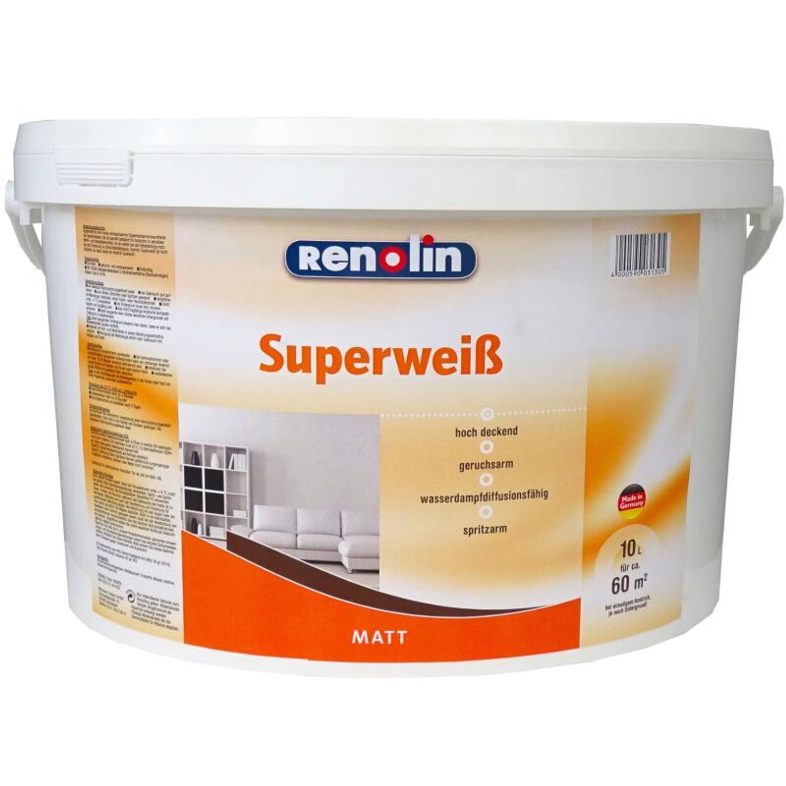 Wilckens Farben Vollton- und Abtönfarbe 10l Renolin Wandfarbe Superweiß Innenraum weiss matt hohe Deckkraft