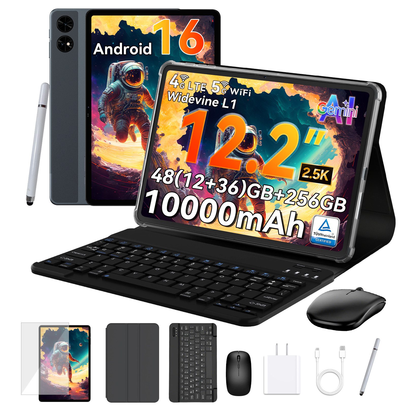 TABWEE T60 12,2" Android 16 4G LTE 10000 mAh Akku 256 GB Tablet (12.2", 256 GB, Android16, Android 16, 4G LTE, 5G Wifi, 10000 mAh Akku, mit Stift/Maus/Tastatur)