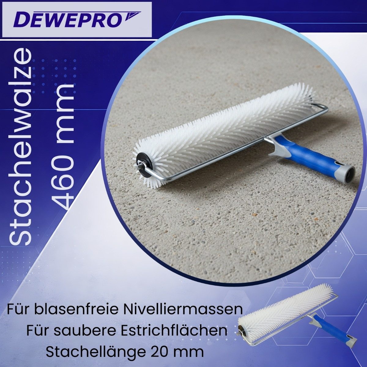 DEWEPRO Bodenlegerkelle DEWEPRO Hand-Stachelwalze 460mm breit, Stachellänge 20mm