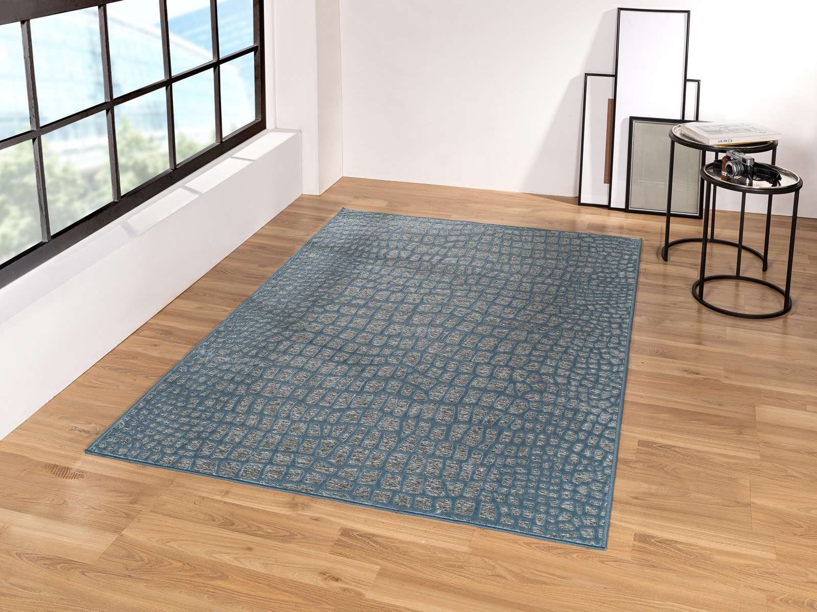 Teppich Edlel glänzender Flachflorteppich Genoa 938512 Snake, TaraCarpet, rechteckig, Höhe: 9 mm, BOHO Vintage Teppich blau Wohnzimmer Esszimmer Schlafzimmer 133x195