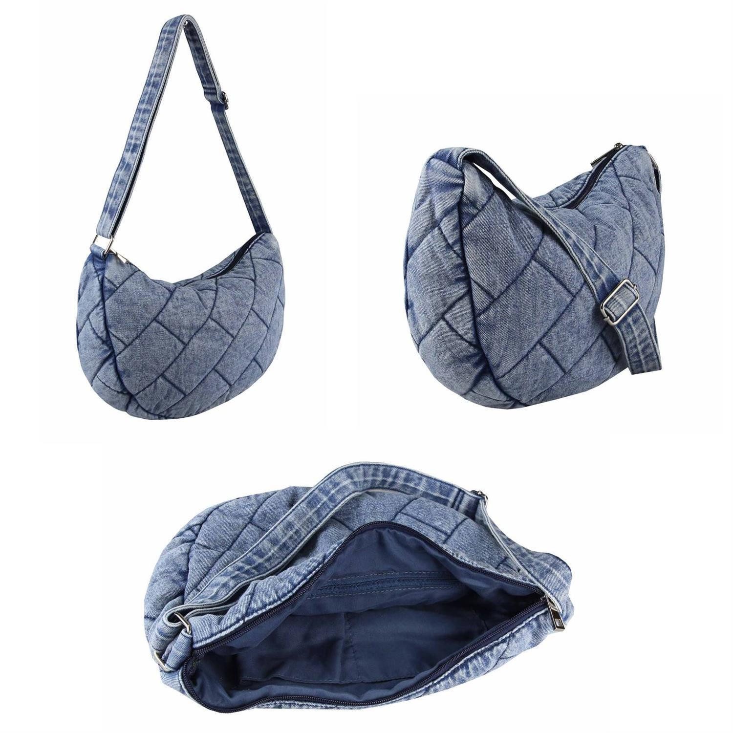 ITALYSHOP24 Schultertasche Damen Jeans Tasche Shopper Hobo-Bag CrossBody Crossover Brusttasche, Vintage Umhängetasche Runde MOON Bag Denim Vintage gesteppte Used Look