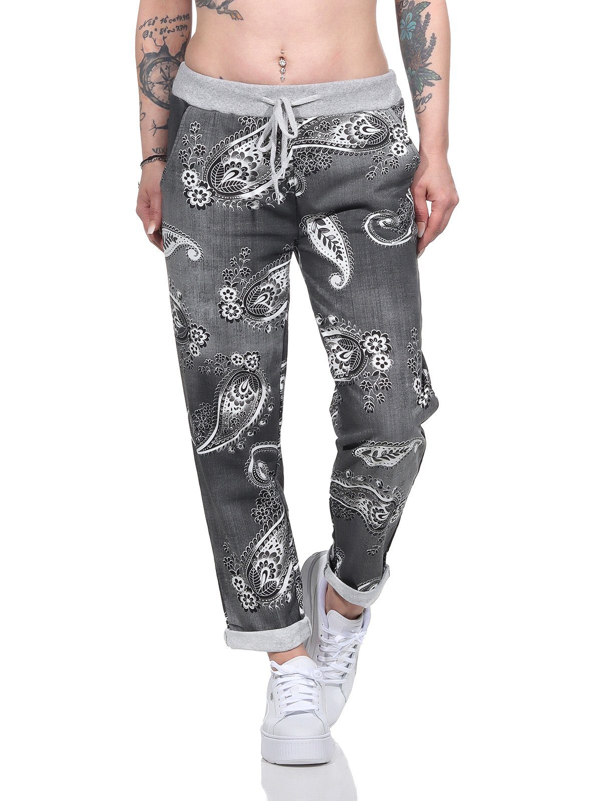 Aurela Damenmode Jogger Pants Freizeithose leichte Damen Haushose in moderner Jeansoptik mit elastischem Bund und Schnürung Jeansoptik schwarz grau