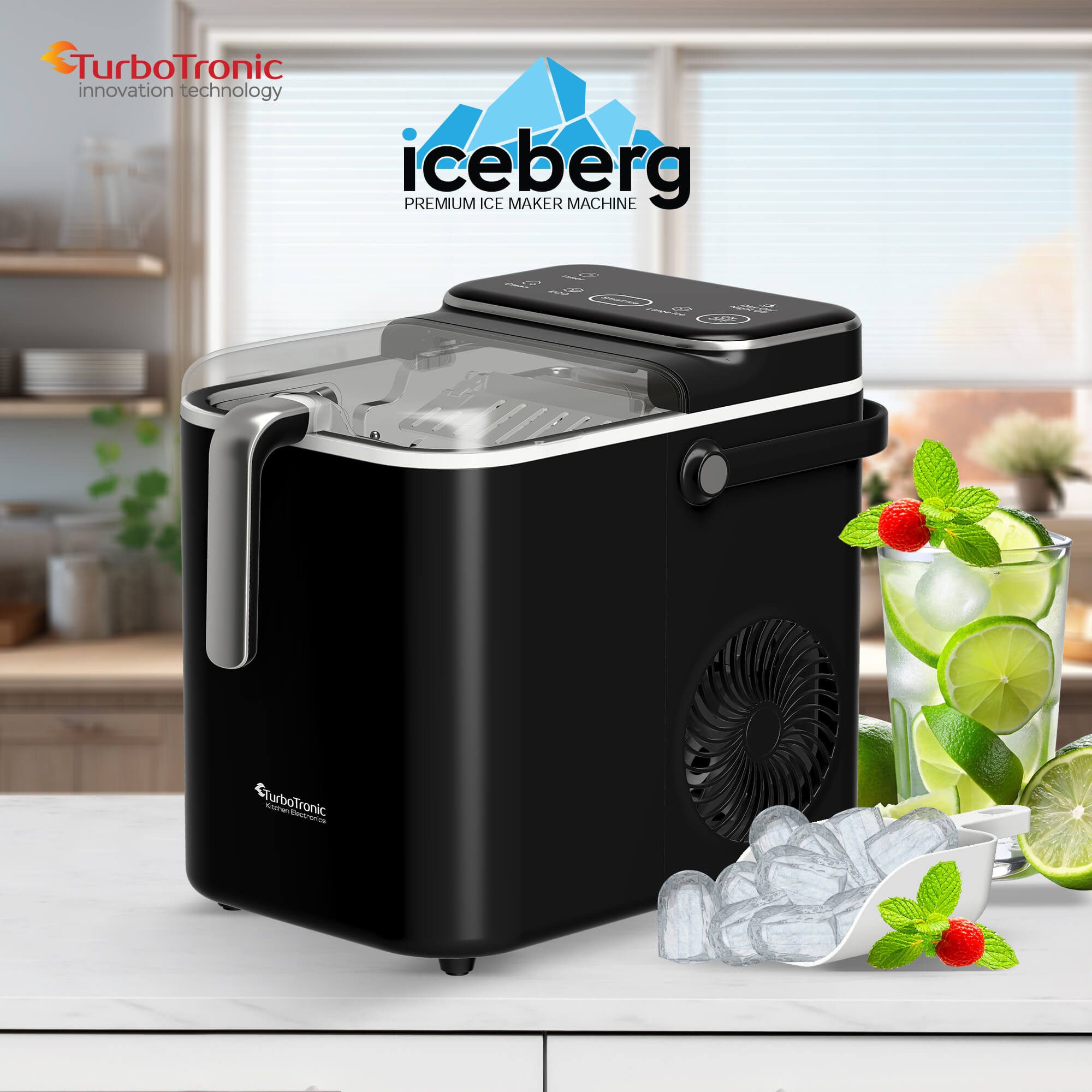 TurboTronic by Z-Line Eiswürfelmaschine 9 Eiswürfel in 6 Min. 2 Eis-Würfel Größen, Selbstreinigung, 12kg / 24h, Eiswürfelbereiter, Ice Cube Maker, 1,5l Tank, tragbaren Griff, < 55 db