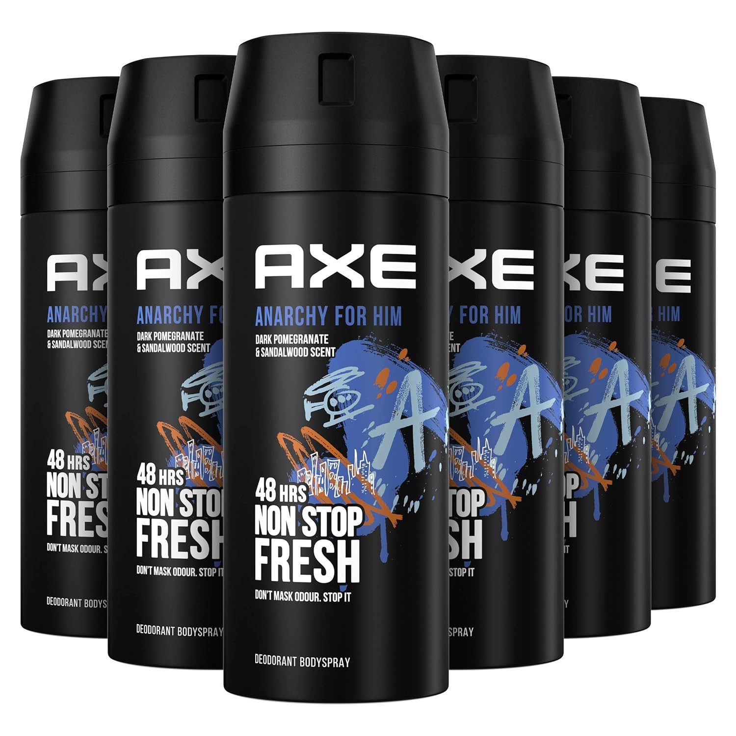 axe Deo-Spray 6x AXE Deodorant Bodyspray Anarchy for Him - 150ml, 6-tlg., bekämpft geruchsbildende Bakterien und unangenehme Gerüche