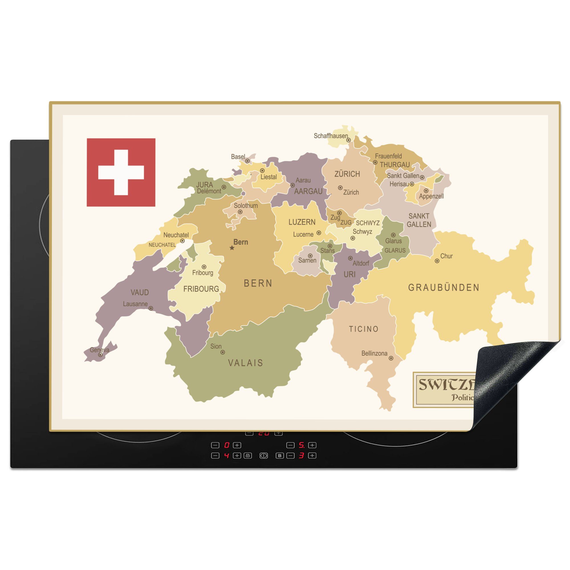 MuchoWow Herdblende-/Abdeckplatte Politische Karte der Schweiz, Vinyl, (1 tlg), 81x52 cm, Induktionskochfeld Schutz für die küche, Ceranfeldabdeckung