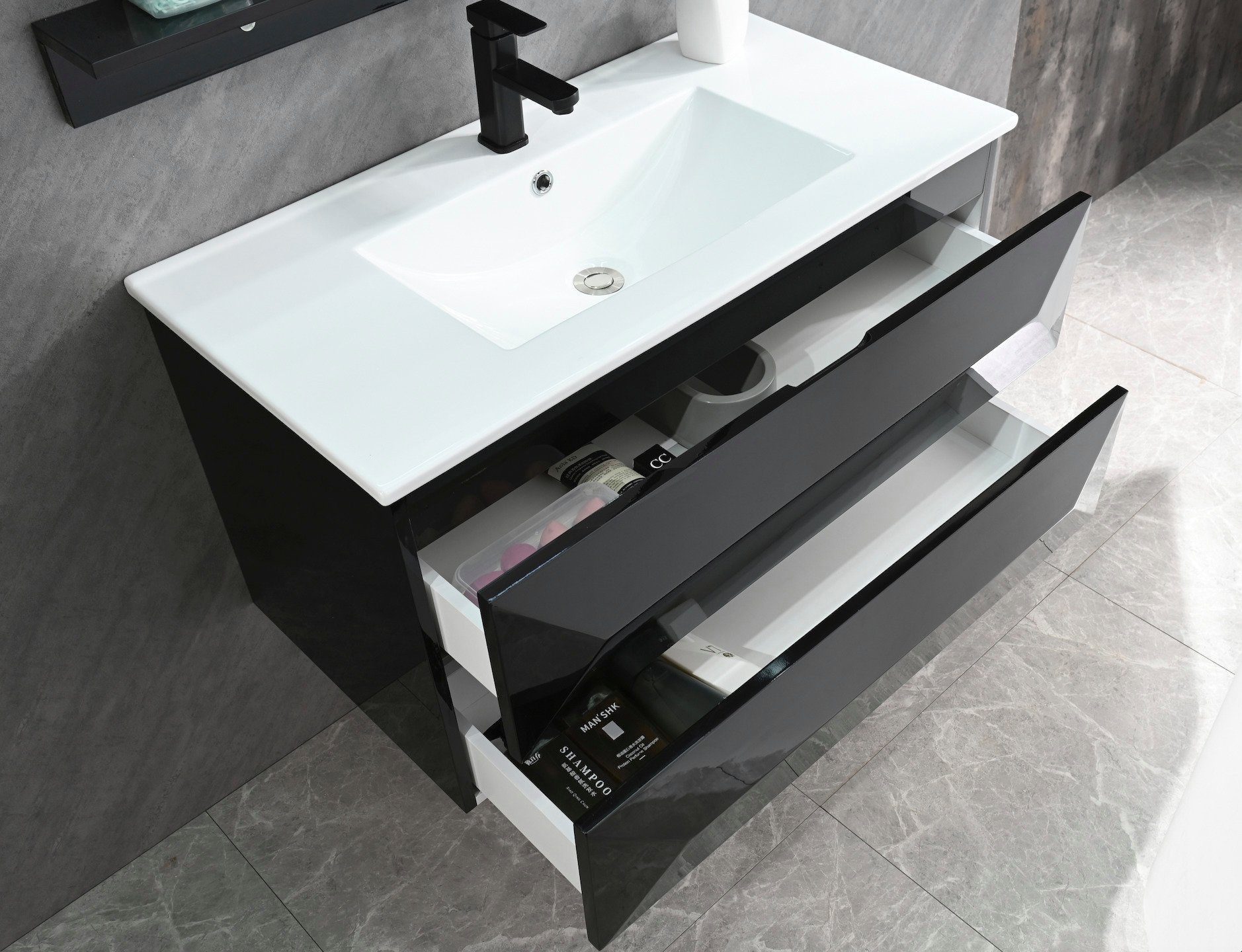 Faizee Möbel Badmöbel-Set Badmöbel Set vormontiert "Miran" Weiß/Schwarz Keramik Hochglanz 90 cm, (4-St)