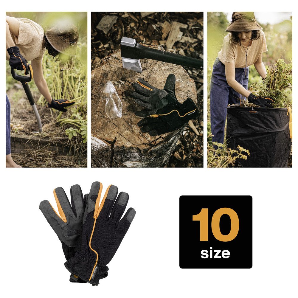 Fiskars Gartenpflege-Set Fiskars 1003477 Garten-Arbeitshandschuhe Schwarz/Orange 1 Paar