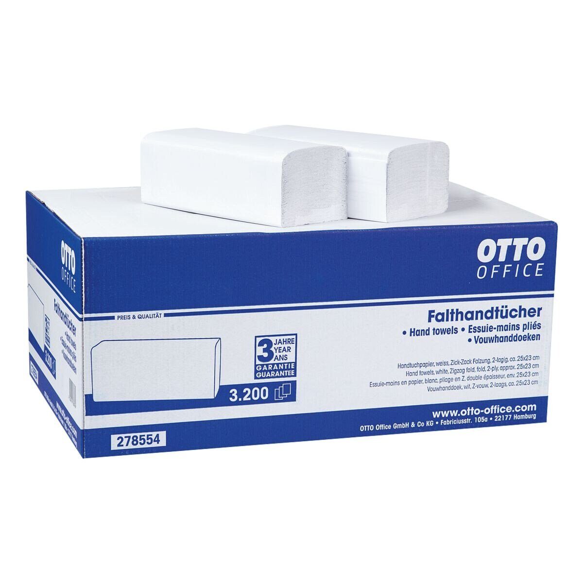 Otto Office Papierhandtuch, 2-lagig, Tissue mit Z-Falzung, 25x23 cm, 3200 Blatt