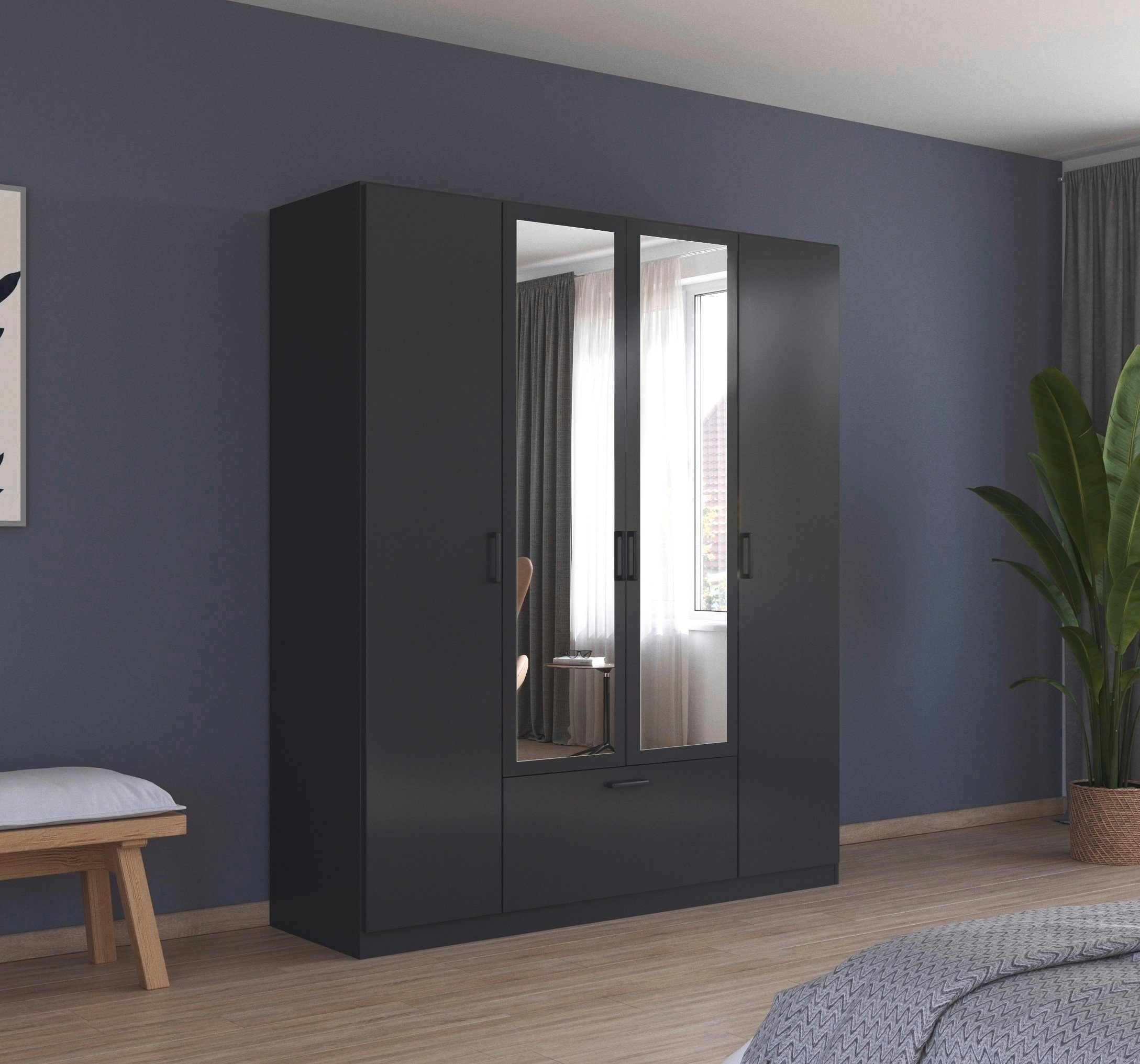 rauch Drehtürenschrank Kleiderschrank Schrank Garderobe Wäscheschrank BARI mit Spiegel mit Schubasten mittig, moderner Griff in Graumetallic MADE IN GERMANY – Bild 2 von 5