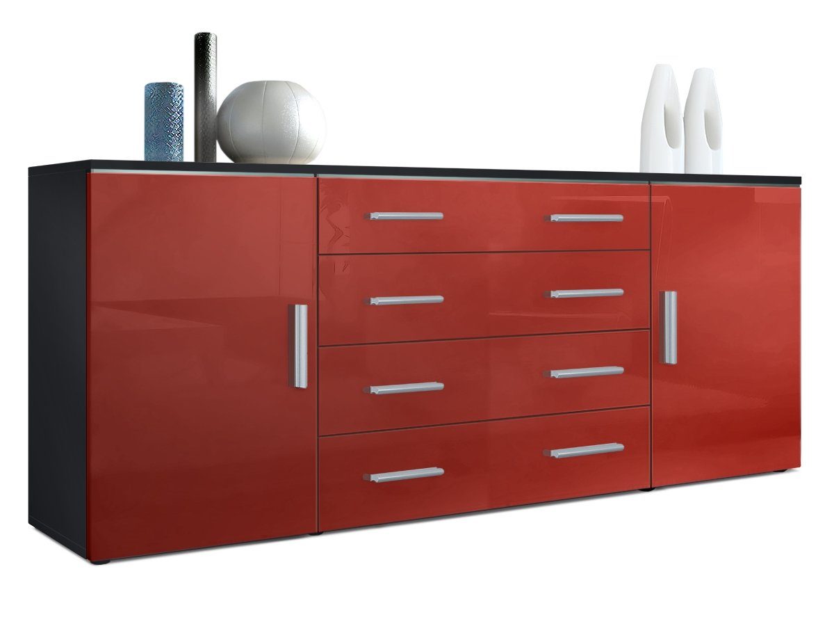 Vladon Sideboard Faro (Kommode, mit 2 Türen und 4 Schubladen), Schwarz matt/Bordeaux Hochglanz (166 x 72 x 35)