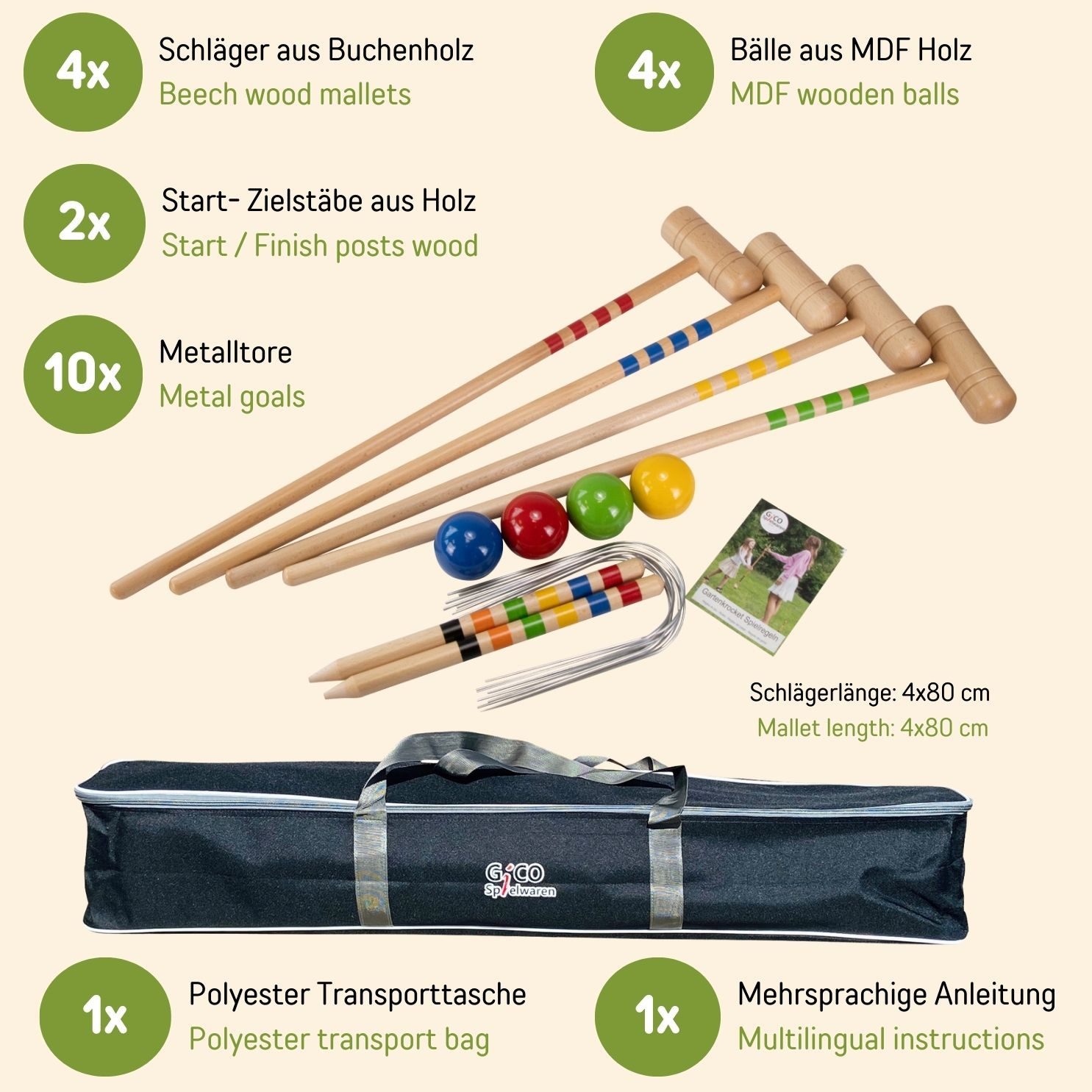 GICO Spielzeug-Gartenset GICO Krocket Set 4 Spieler (80 cm) -spiel gut (Auszeichnung)- 3224, Holz Krocketspiel für den Garten