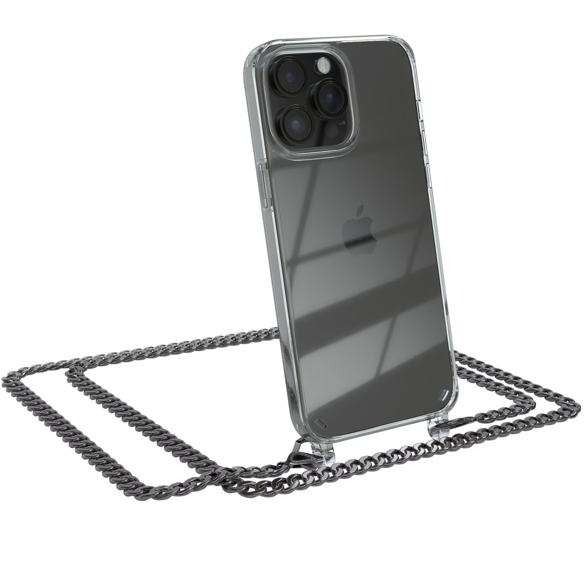 EAZY CASE Handykette 2in1 Metallkette für Apple iPhone 14 Pro Max 6,7 Zoll, Handykordel Kette zum Umhängen Cross Bag Schutzhülle Anthrazit Grau