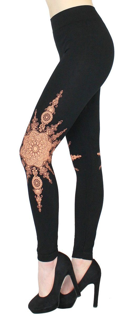 dy_mode Highwaist Leggings Damen Leggings mit Blumen Druck Mandala Muster Leggins Schwarz mit elastischem Bund JL103-Orange