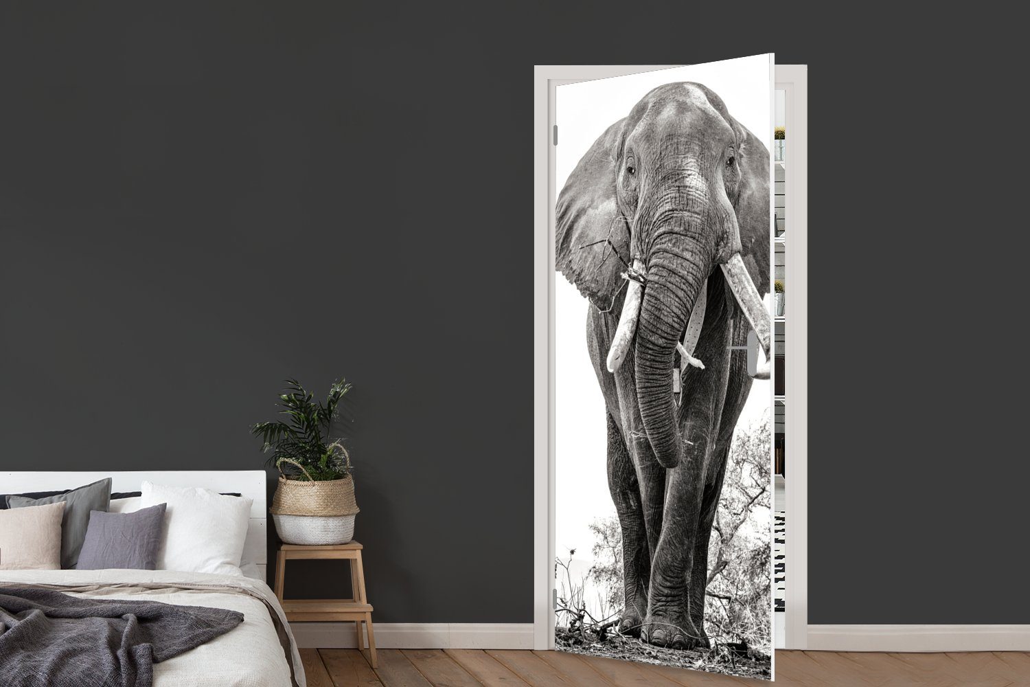 St), weiß, bedruckt, - (1 - MuchoWow Tür, Porträt Türtapete und cm 75x205 Tiere Elefant - Fototapete Schwarz für Matt, Türaufkleber,