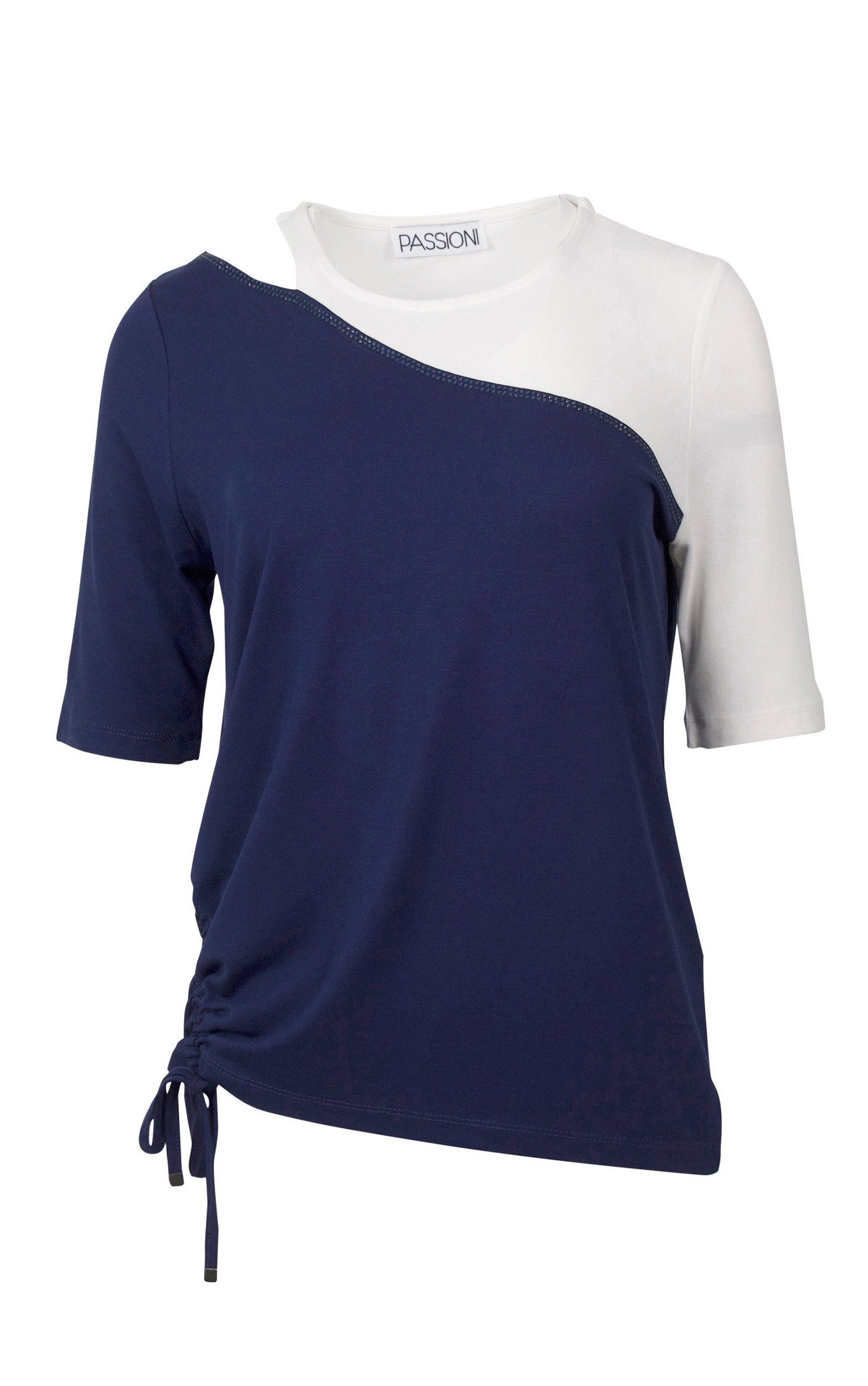 Passioni T-Shirt in Navy-Weiß, mit asymmetrischem Schnitt und seitlicher Raffung – Bild 2 von 3