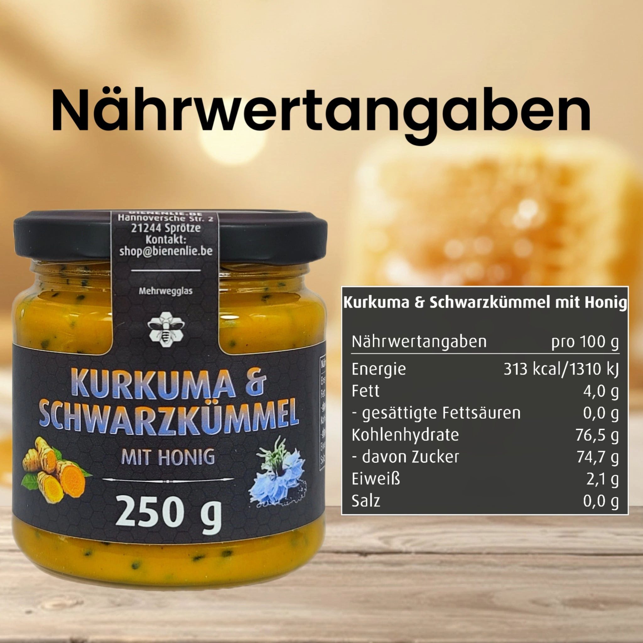 Imkerei BienenLie.be Honig Kurkuma & Schwarzkümmel mit Honig -würzig & bitter, 250g, 1 x 250 g, 1 St.