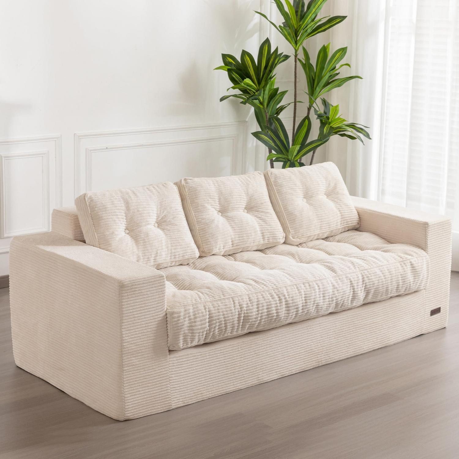 LuxusKollektion 3-Sitzer Sofa 3 Sitzer Cord Bodensessel Armlehnen Rückenlehne Creme 3-Sitzer