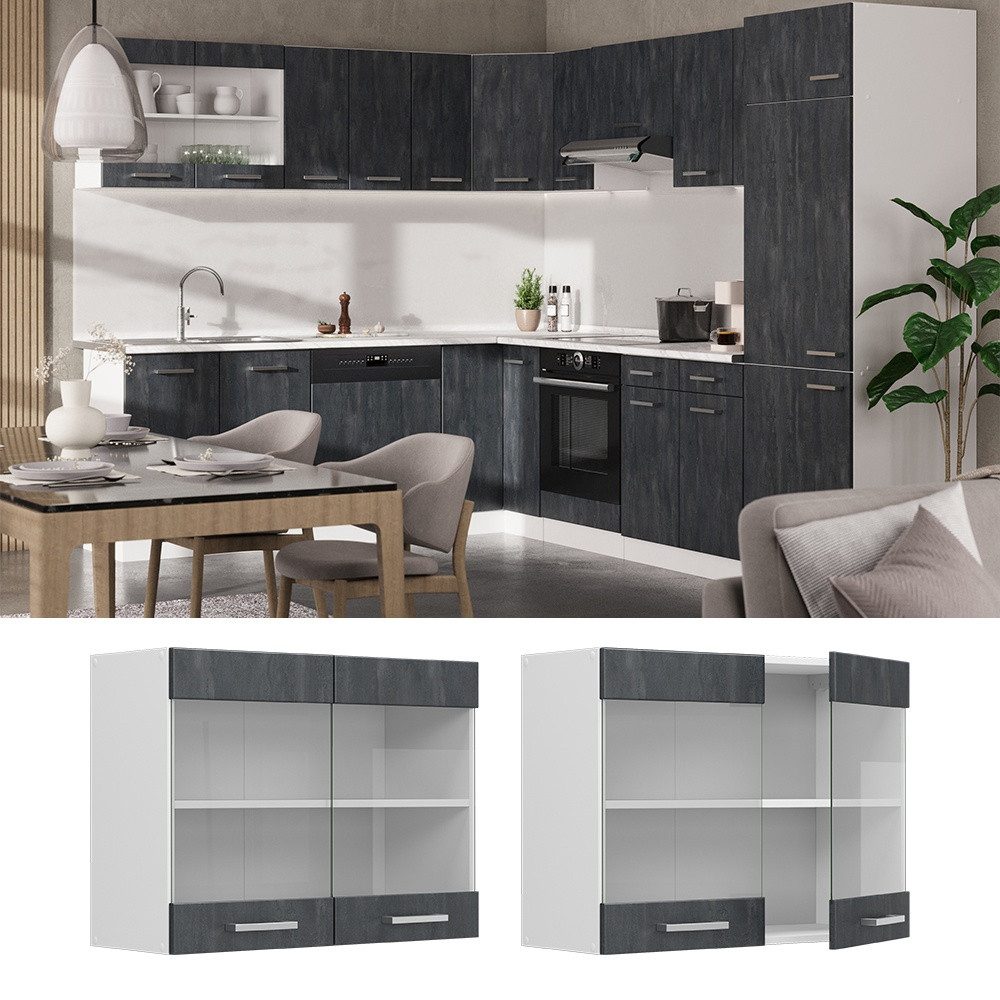 Vicco Glashängeschrank R-Line, Schwarz Beton/Weiß, 80 cm (1-St)