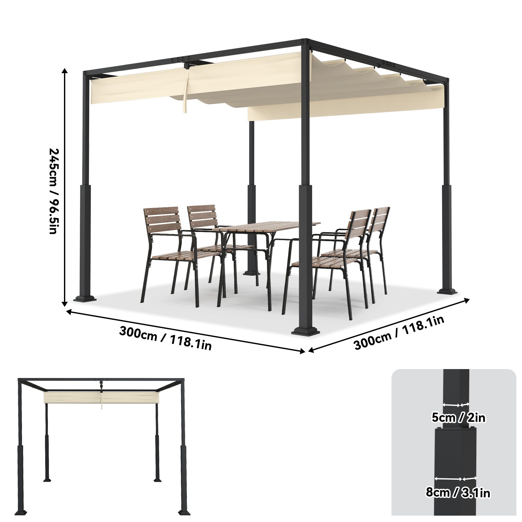 FIVMEN Pergola Gartenpavillon mit Schiebedach Terrassendachung aus Metall