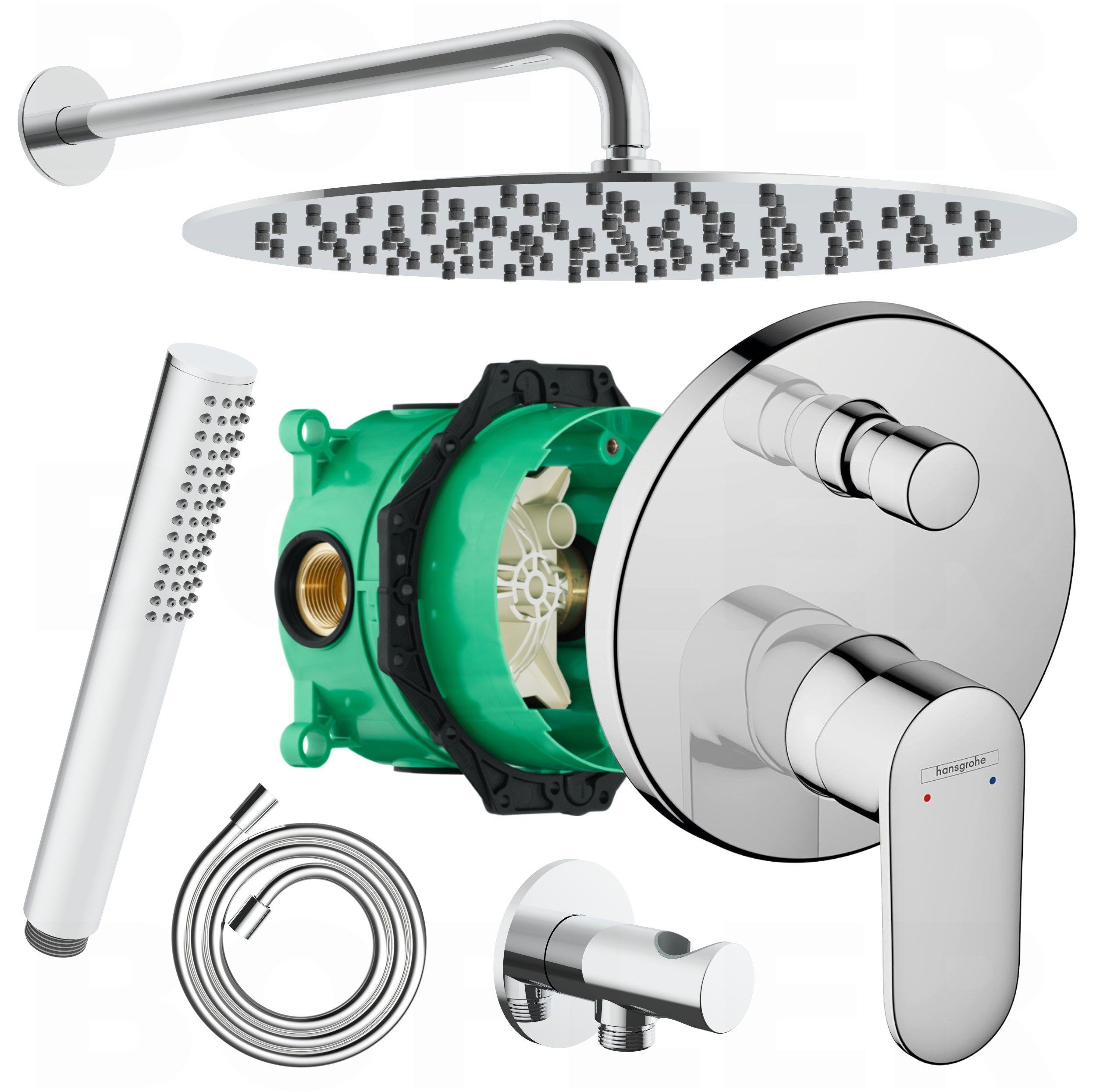 Hansgrohe und Bofler Duscharmatur Vernis Blend Unterputz Armatur mit Umsteller für 2 Verbraucher + IBOX (Unterputz Duschsystem, Duschanlage, Duschset, inkl. BOFLER Brauseset #50, Regendusche 30cm, Wandarm, Handbrause) wassersparende Regendusche, Gummidüsen, hochglanz verchromt