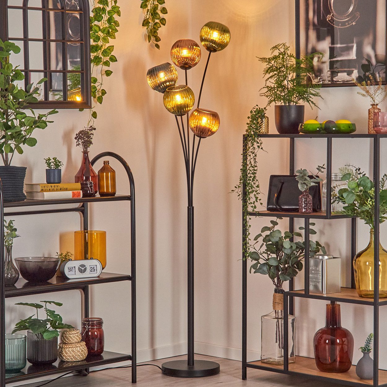 hofstein Stehlampe Stehlampe aus Metall/Riffelglas in Schwarz/Grün/Kupfer/Blau, ohne Leuchtmittel, Stehleuchte im Retro/Vintage-Design mit Glasschirmen (15 cm), E27