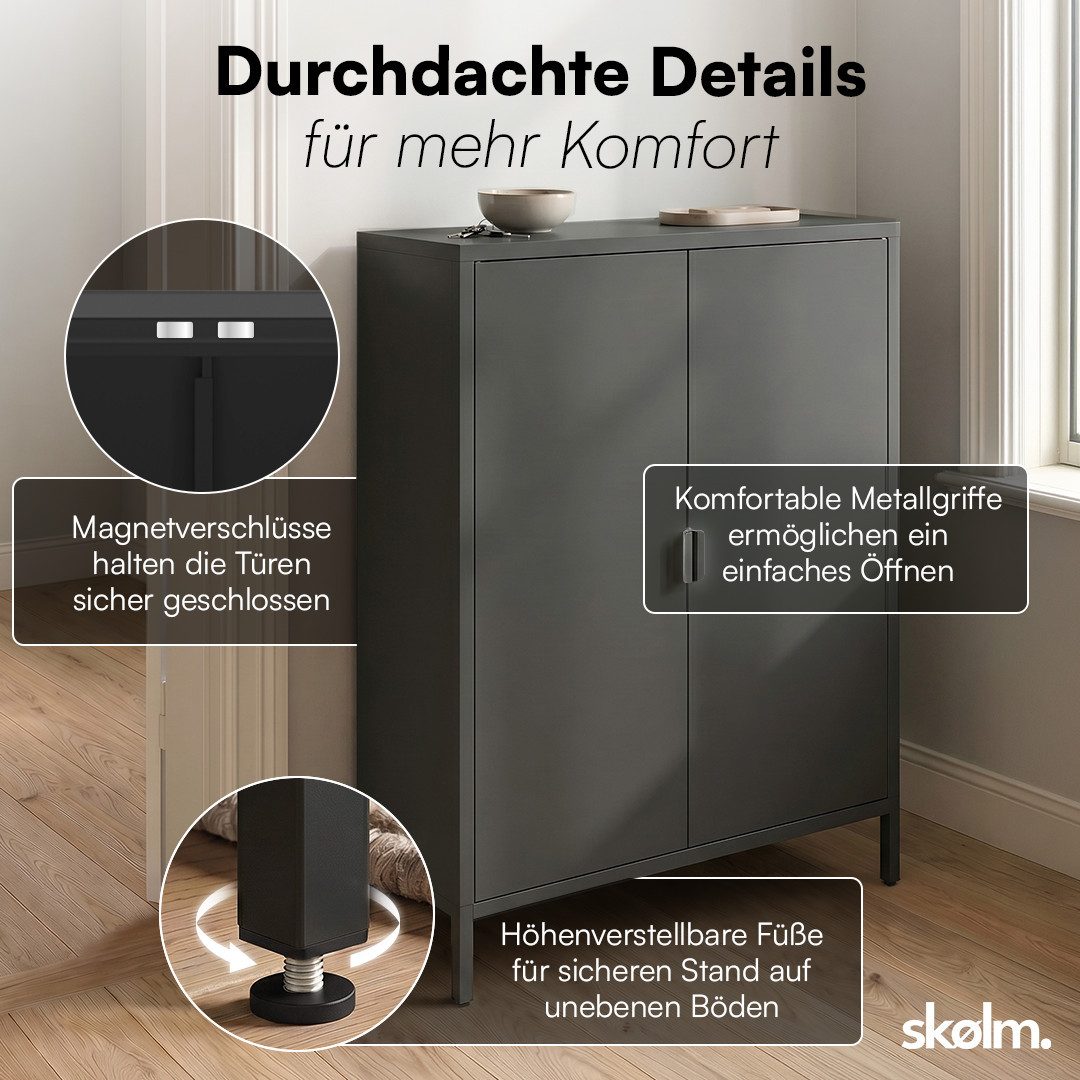 skølm Kommode Ituri aus Metall (Schwarz), Highboard mit 2 Einlegeböden, höhenverstellbare Füße