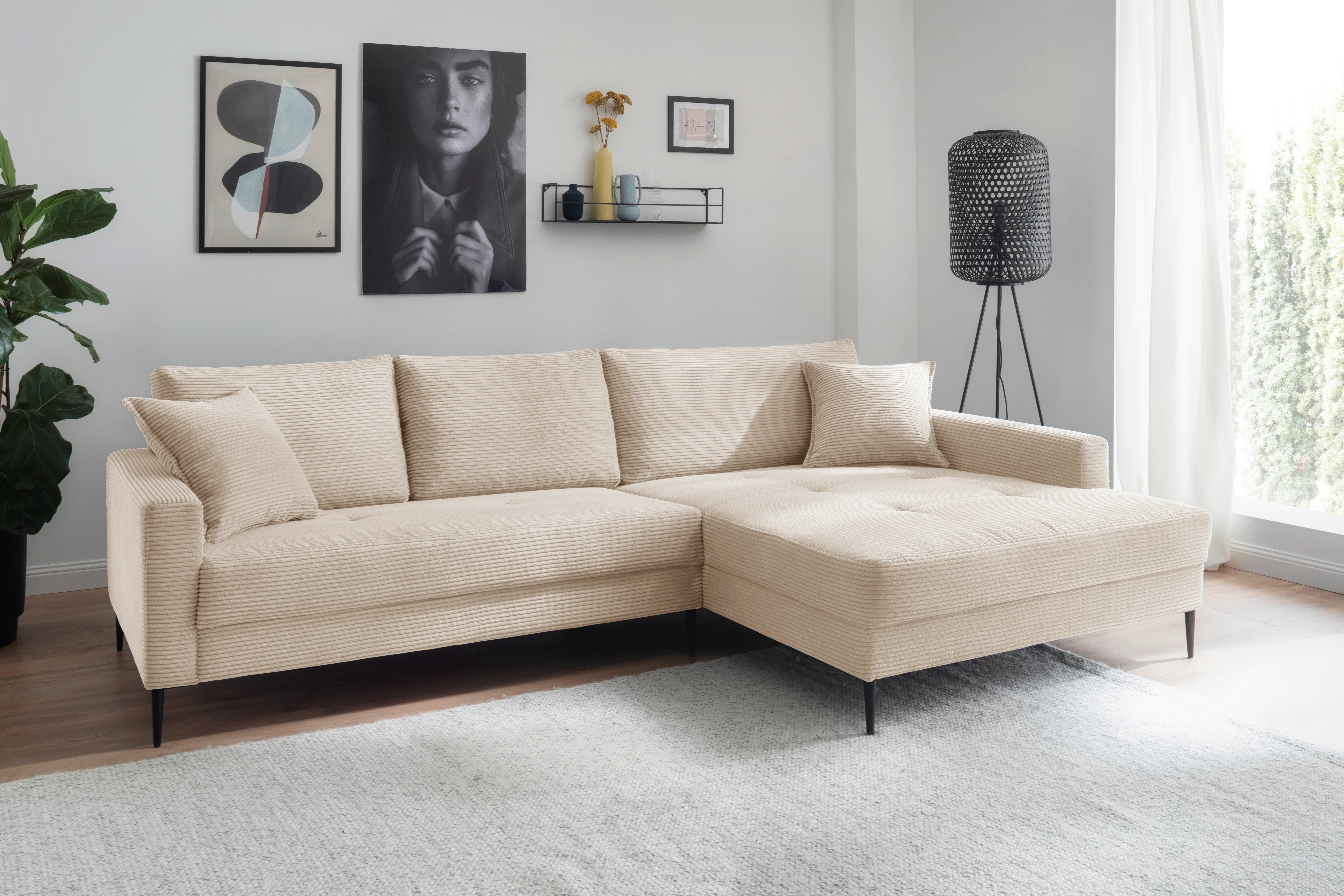 OTTO home Ecksofa Summer L-Form, B: 280cm, in Cord & Struktur, wahlweise mit Kopfstützen, schwarze Metallfüße