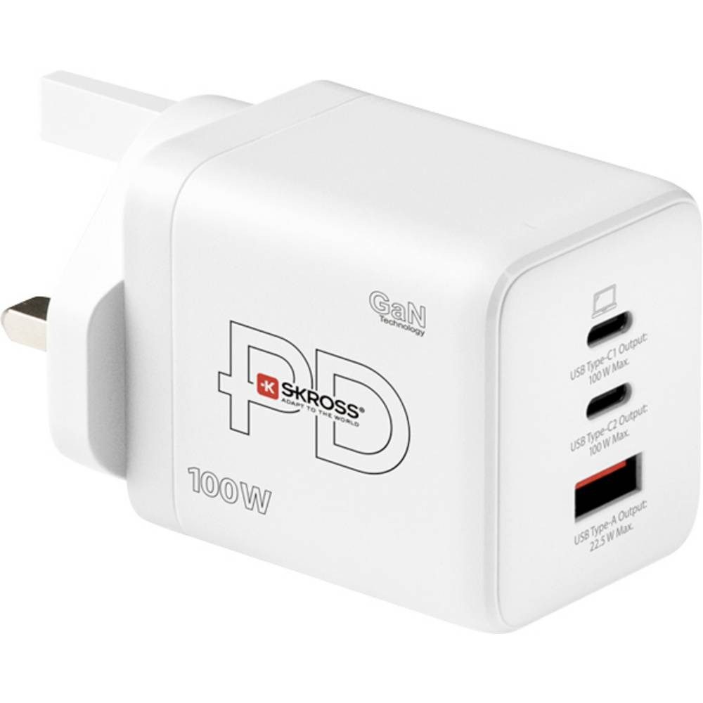 SKROSS Power Charger Combo+ 100W UK USB Ladegerät 100 W 2x USB-C®, 1x USB-A USB-Ladegerät (USB Power Delivery (USB-PD), GaN)