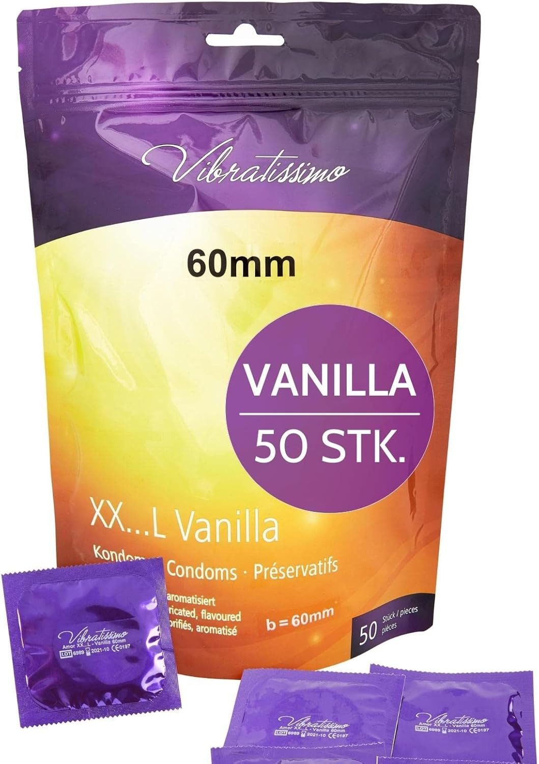 Vibratissimo Kondome Premium Vanilla, verschiedene Größen, aromatisiert mit dezentem Vanilleduft, 47-69mm Durchmesser