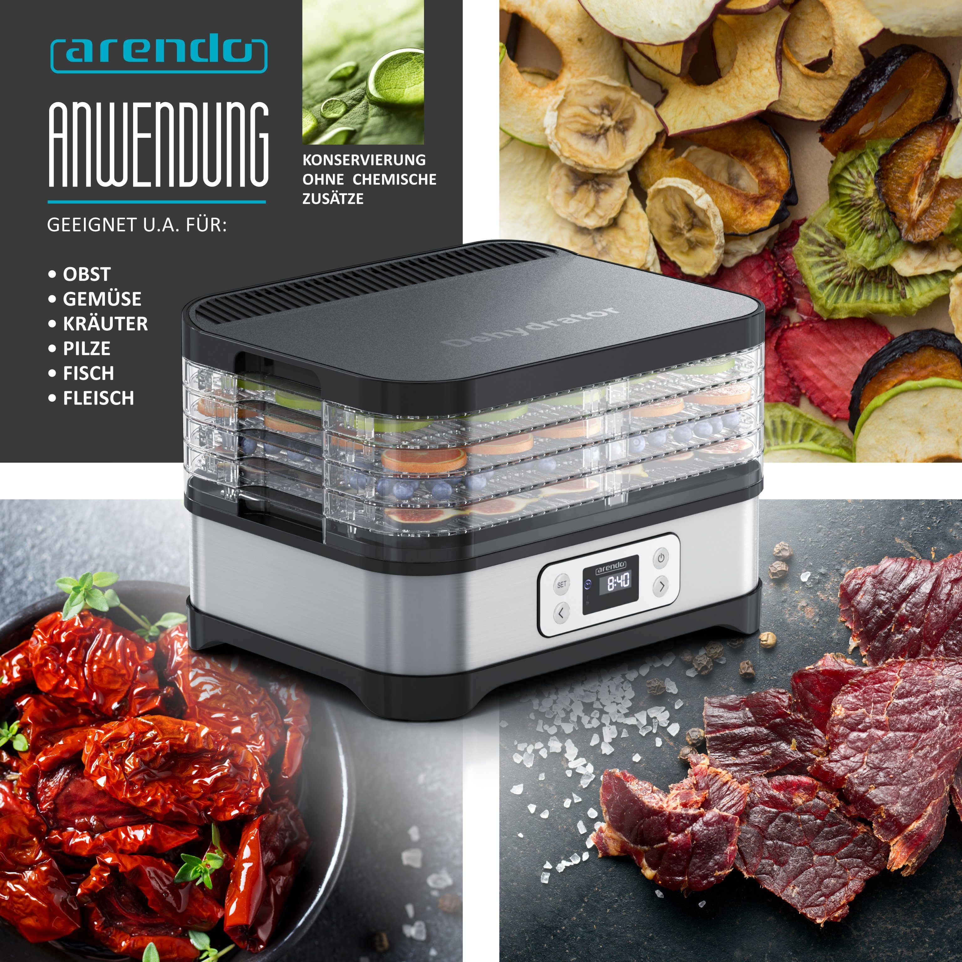Arendo Dörrautomat mit Temperaturregler, 5 Etagen, 35-70°C, Edelstahl, Dörrgerät 260 W, 5 Etagen, Timer bis 72h, BPA-frei, Früchte/Gemüse/Fleisch, GS, Dehydrato – Bild 3 von 5