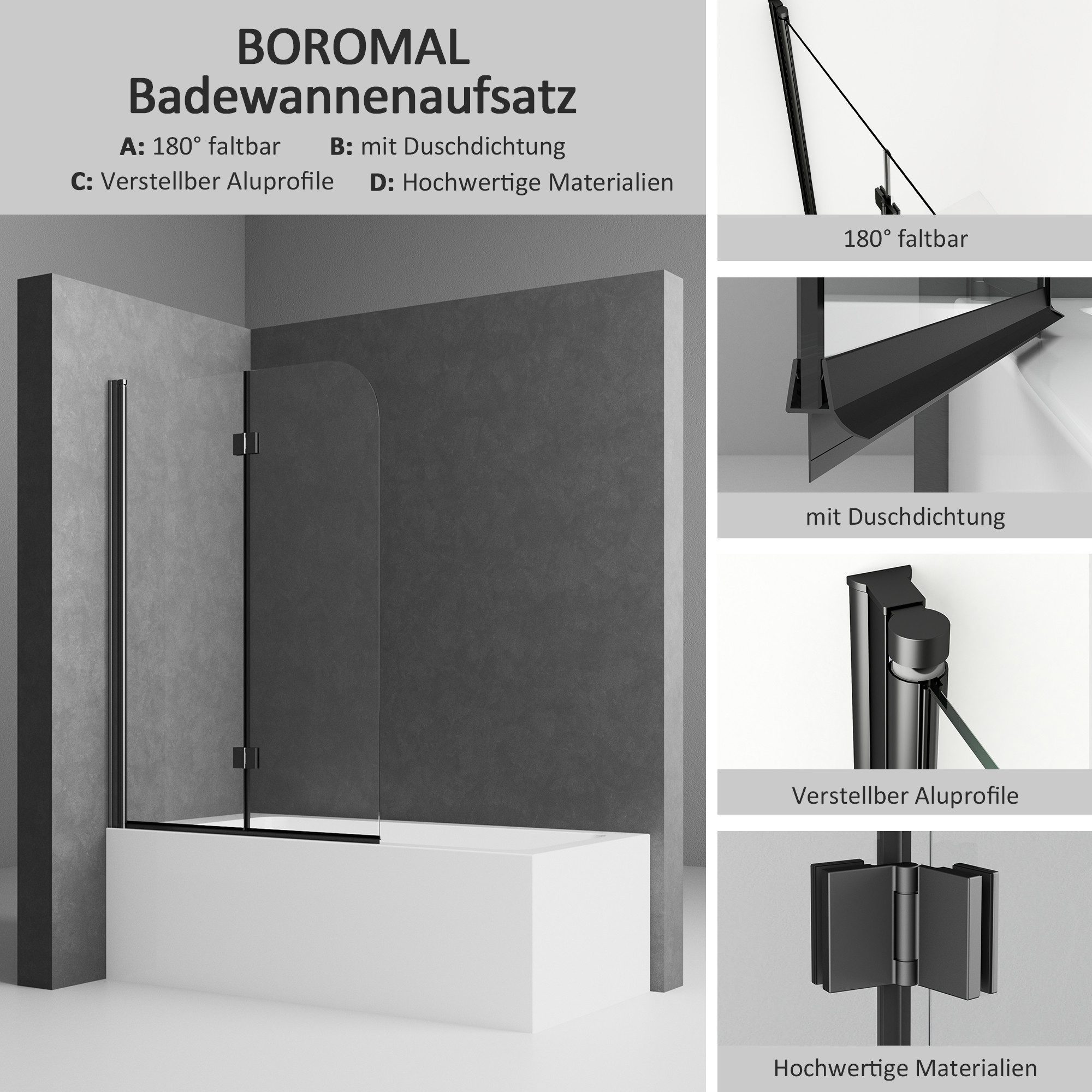 Boromal Duschwand für Badewanne Badewannenaufsatz Badewannenfaltwand günstig online kaufen