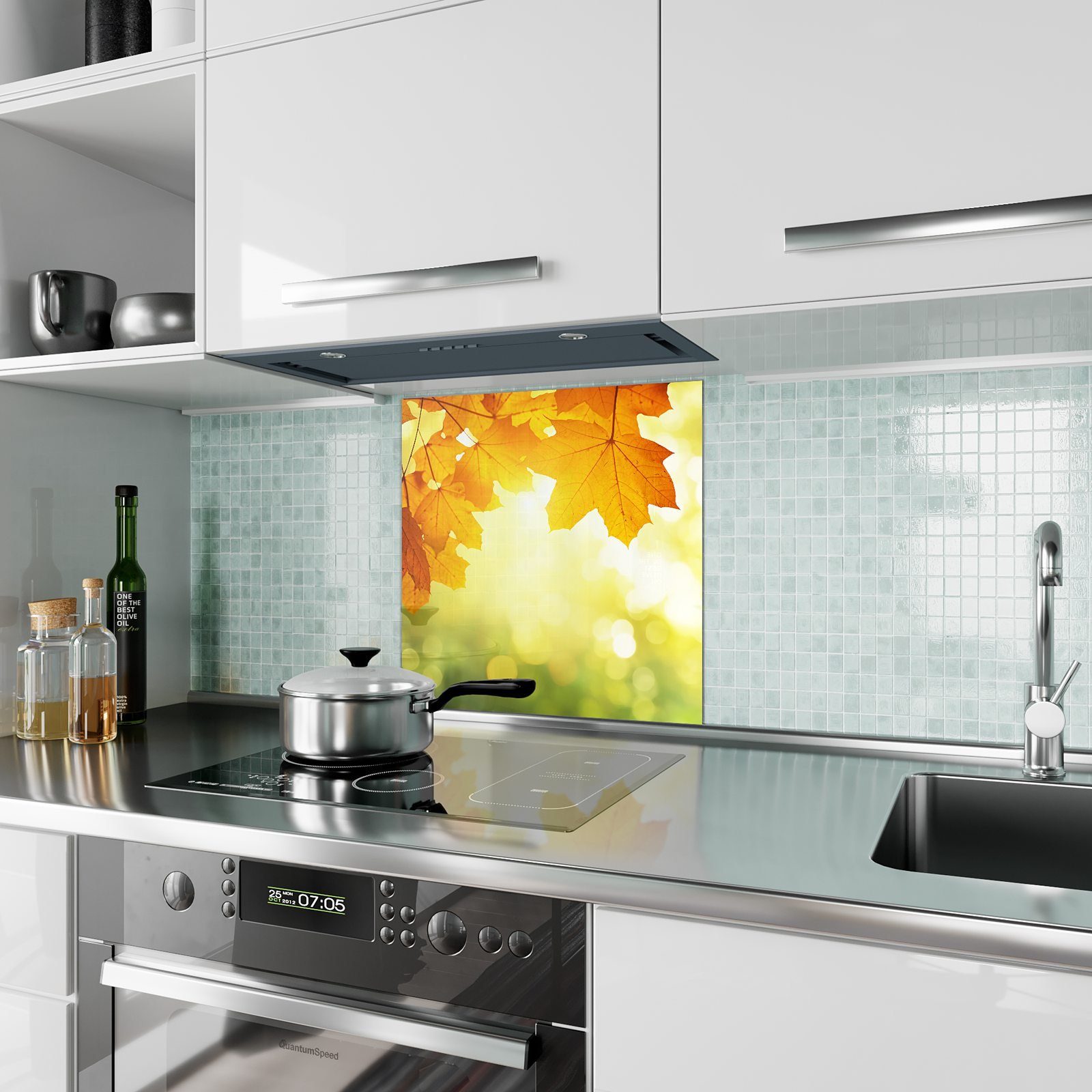 Küchenrückwand mit Motiv Primedeco Spritzschutz Küchenrückwand HerbStieliche Glas Blätter