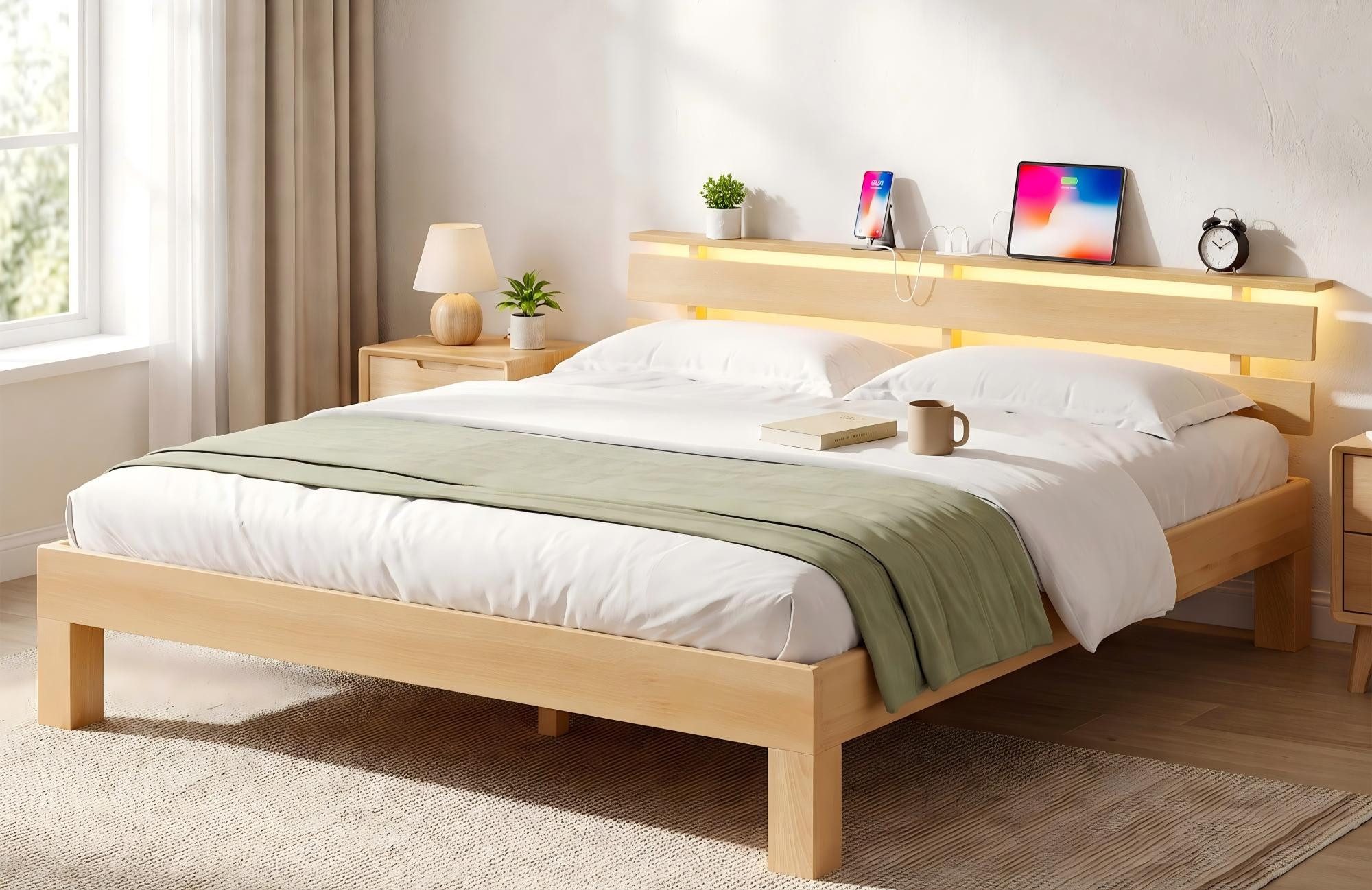 VASAGLE Bettgestell Massivholzbett mit LED&USB, ergonomischer Rückenlehne, 140/160/180cm, Bettgestell 180 x 200 cm, Kopfteilablage, hohe Stabilität, Naturfarben