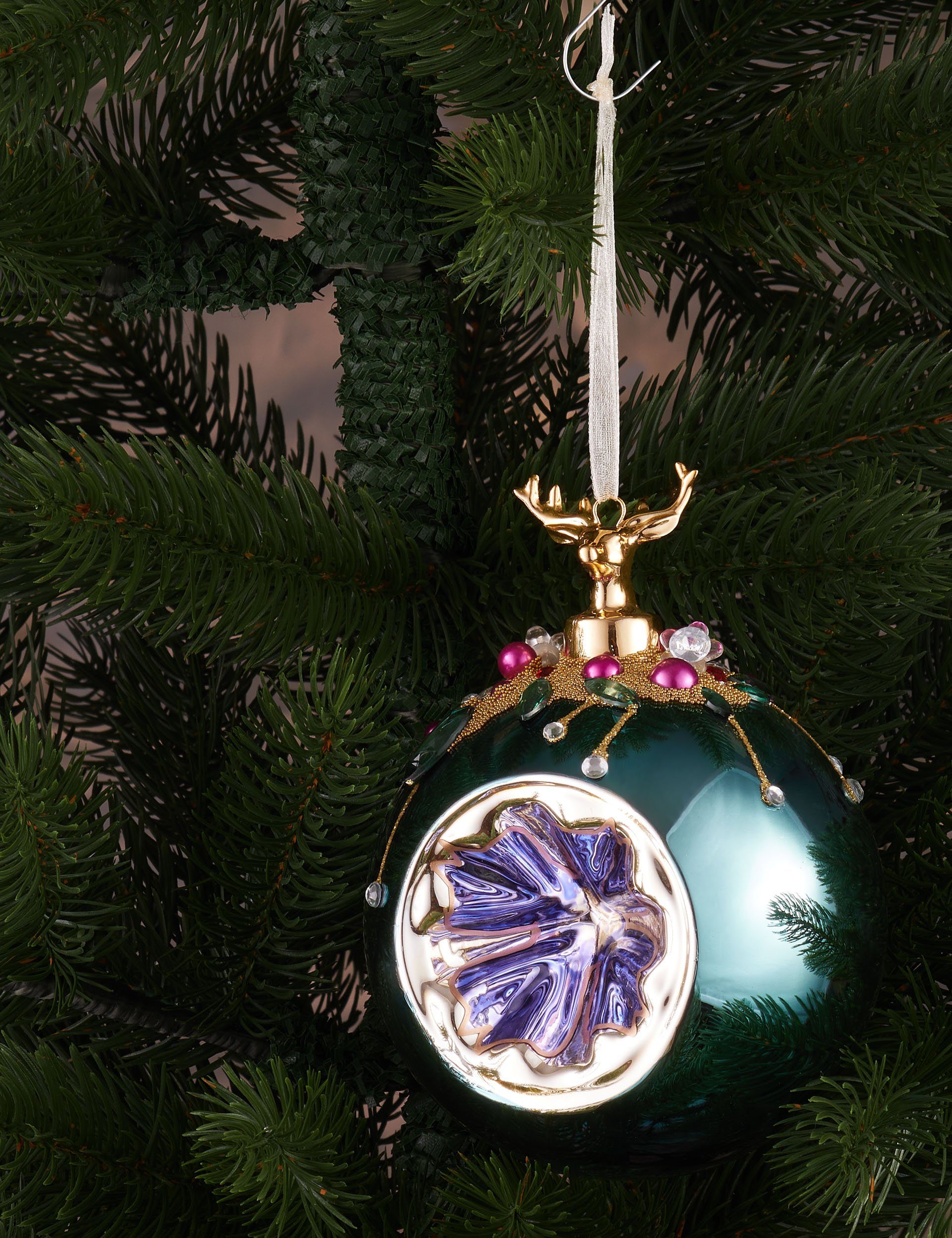 BRUBAKER Weihnachtsbaumkugel Premium Weihnachtskugel - Tiere mit Blumen - 10 cm Christbaumschmuck (1 St), Christbaumkugel aus Glas mit Perlen-Deko und Figur - Handdekoriert