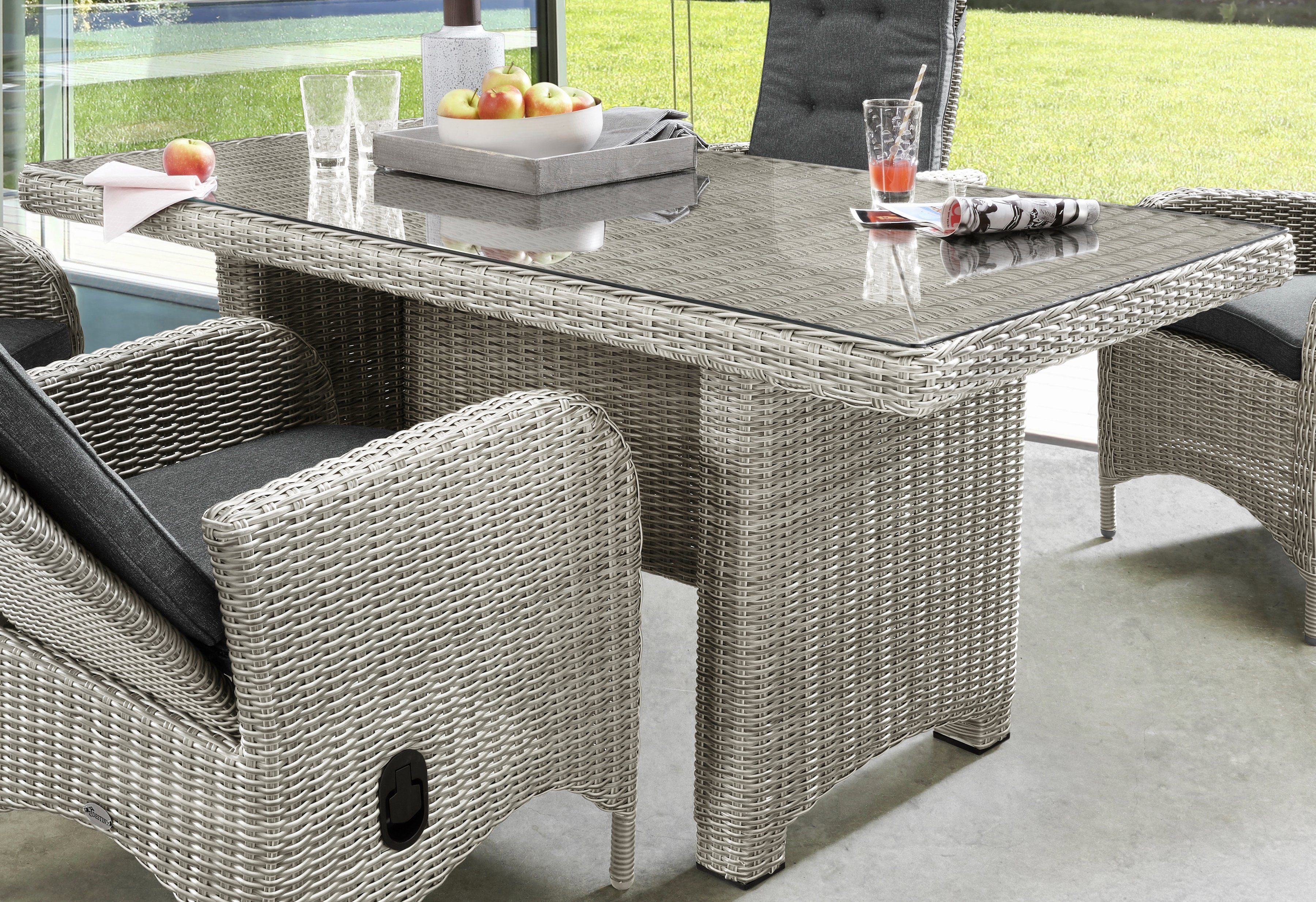 Destiny Garten-Essgruppe PALMA LUNA 4 HL + Tisch 165x90cm, vintage weiß, (Set, 4 Hochlehner verstellbar inkl. Polster, 1 Tisch m. aufgel. Glasplatte), Aluminium, Polyrattan