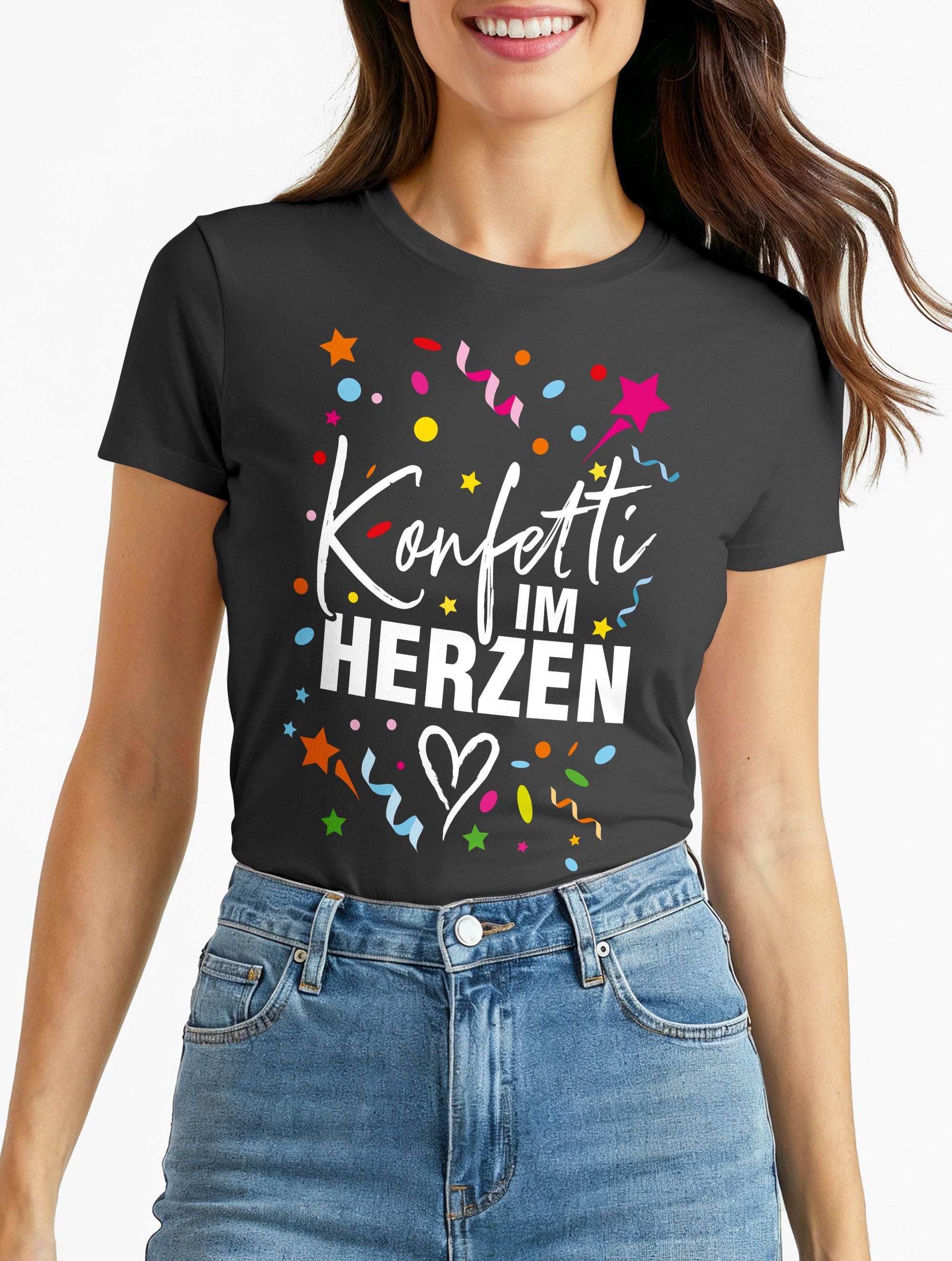 Print-Shirt Damen T-Shirt Fasching Karneval Konfetti im Herzen Kostüm-Ersatz