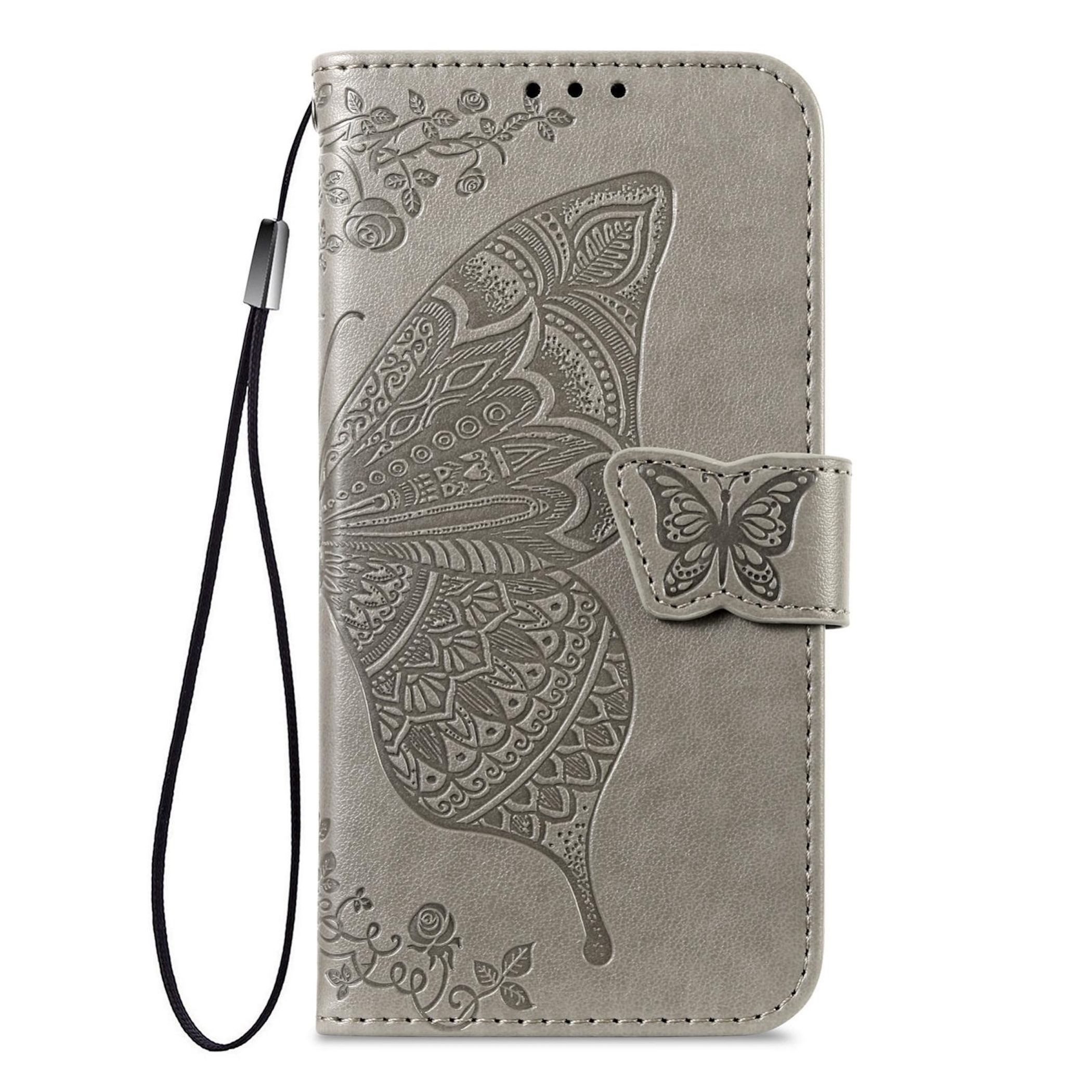 Wigento Smartphone-Hülle Für Xiaomi Redmi 15C 5G / 4G Kunstleder Schmetterling Book Hülle Grau, Kunst-Leder Schutzhülle Smart Case Cover magnetischer Verschluss
