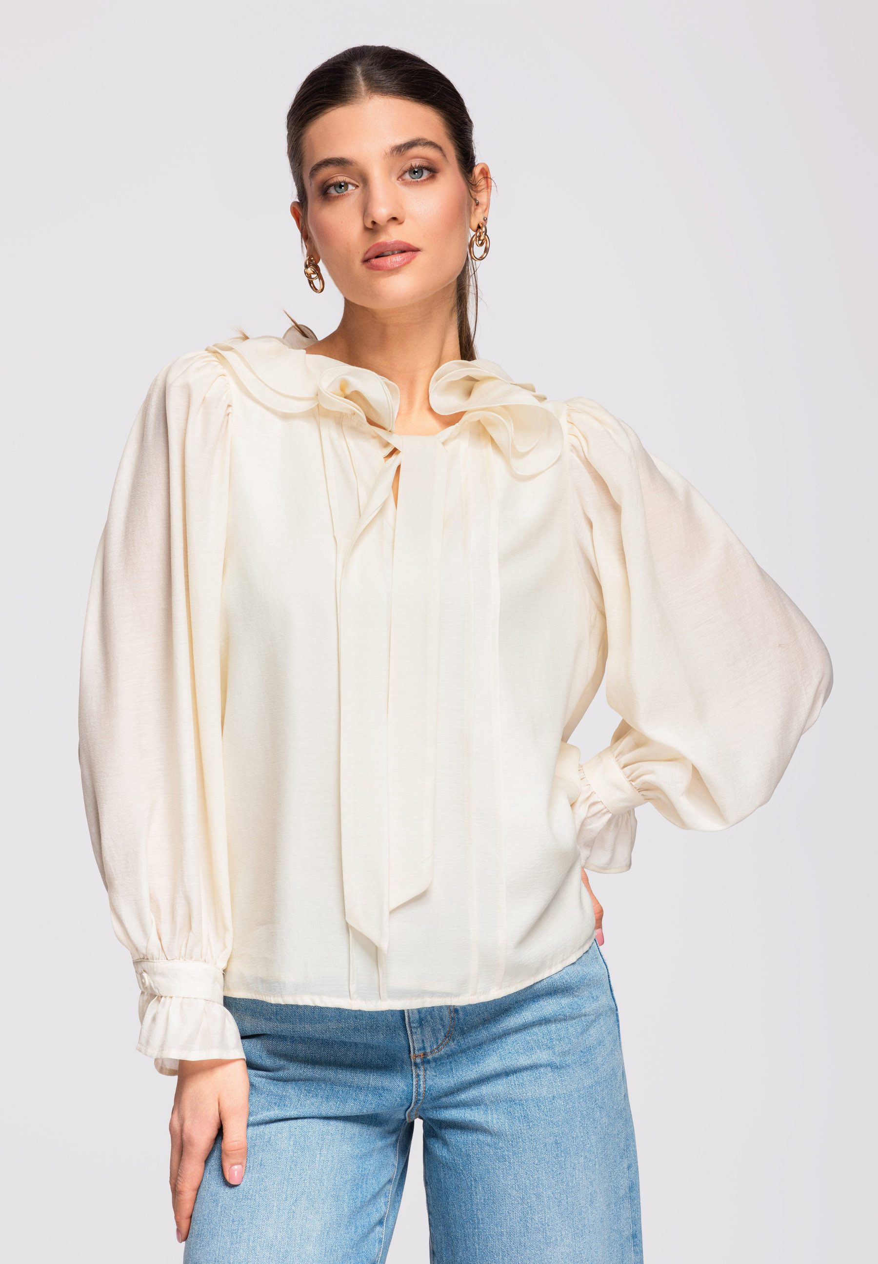 Langarmbluse Langarmbluse Damen Volantkragen Elegant Beige S