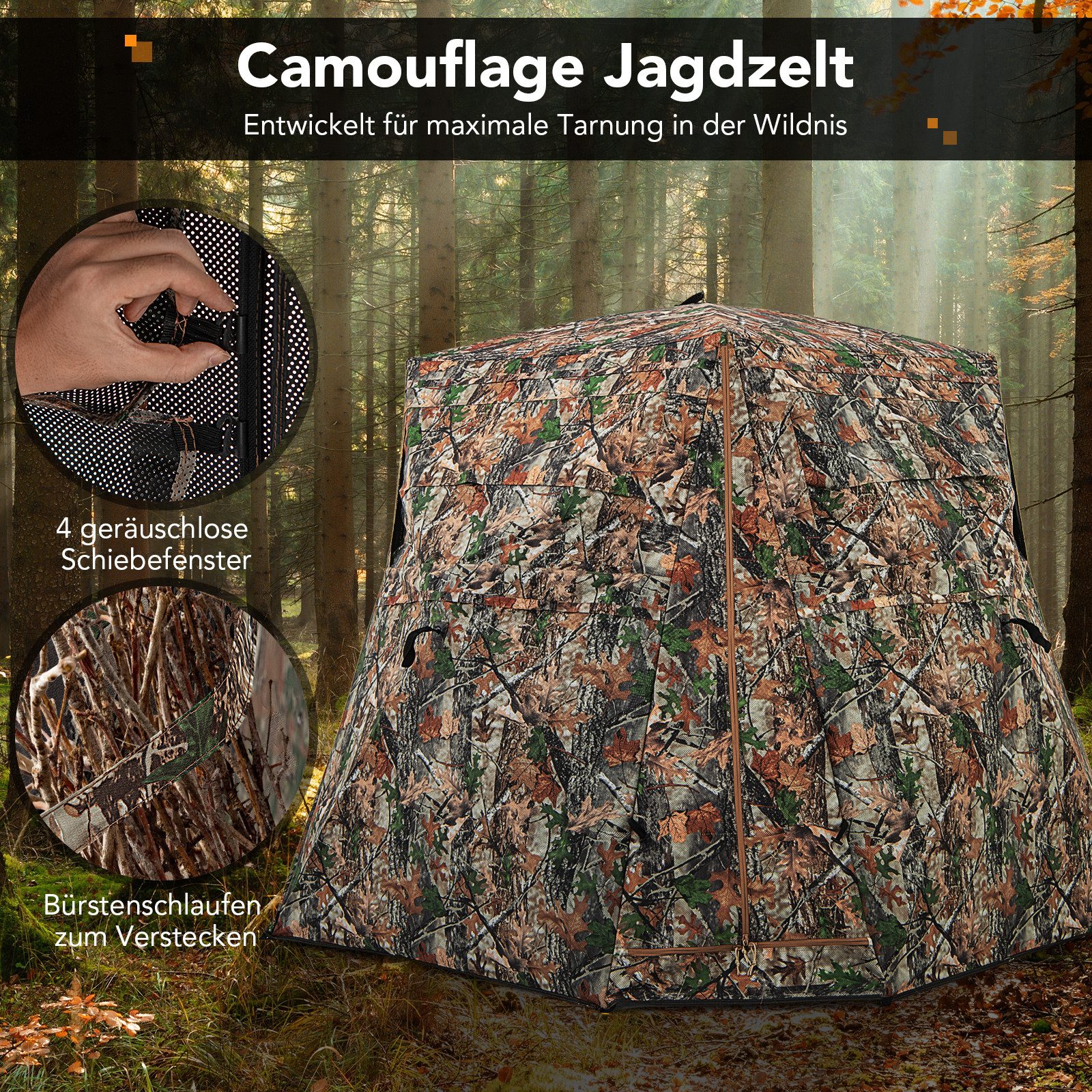 COSTWAY Angelzelt, Personen: 3, Jagdzelt mit Tragetasche, 249 x 211 x 175 cm